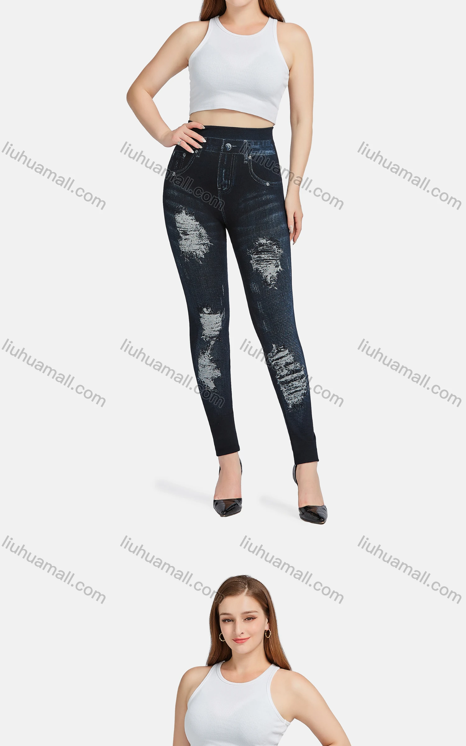 Wholesale Women's Casual High Waist Skinny Fit Ripped Distressed Jeans 7018# - Liuhuamall