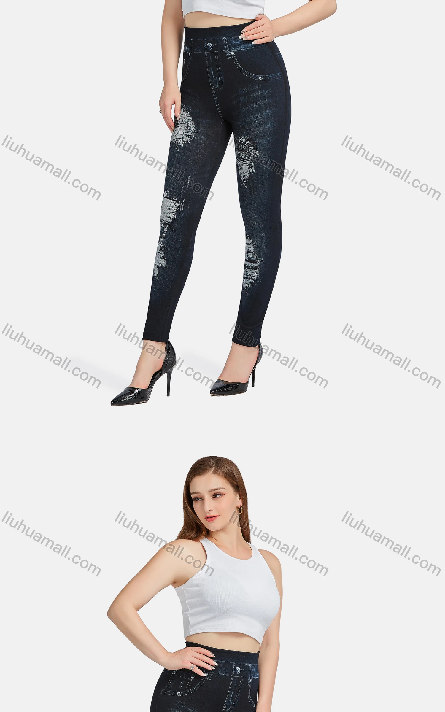 Wholesale Women's Casual High Waist Skinny Fit Ripped Distressed Jeans 7018# - Liuhuamall