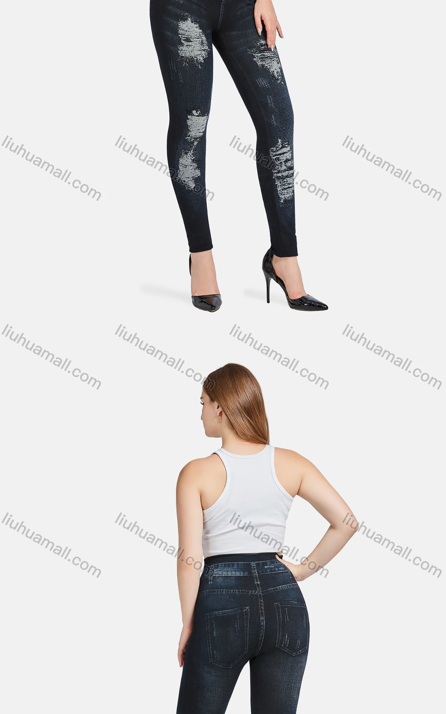 Wholesale Women's Casual High Waist Skinny Fit Ripped Distressed Jeans 7018# - Liuhuamall