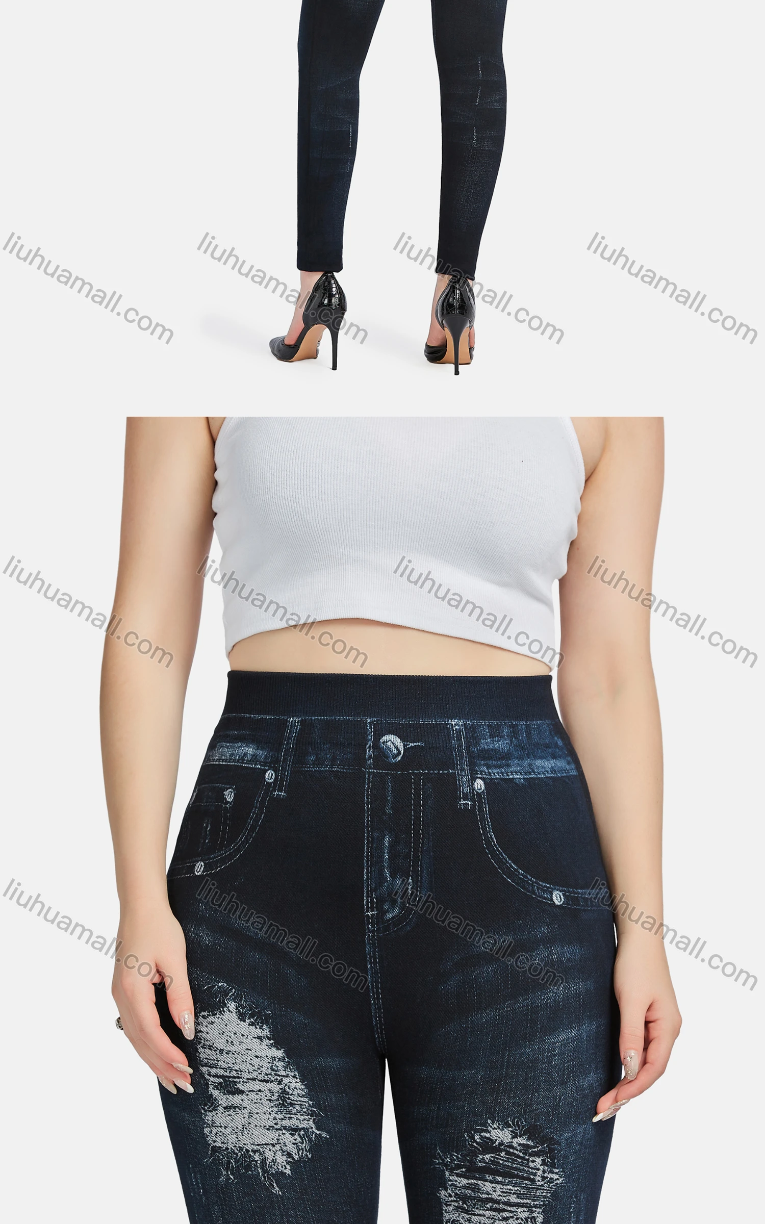 Wholesale Women's Casual High Waist Skinny Fit Ripped Distressed Jeans 7018# - Liuhuamall
