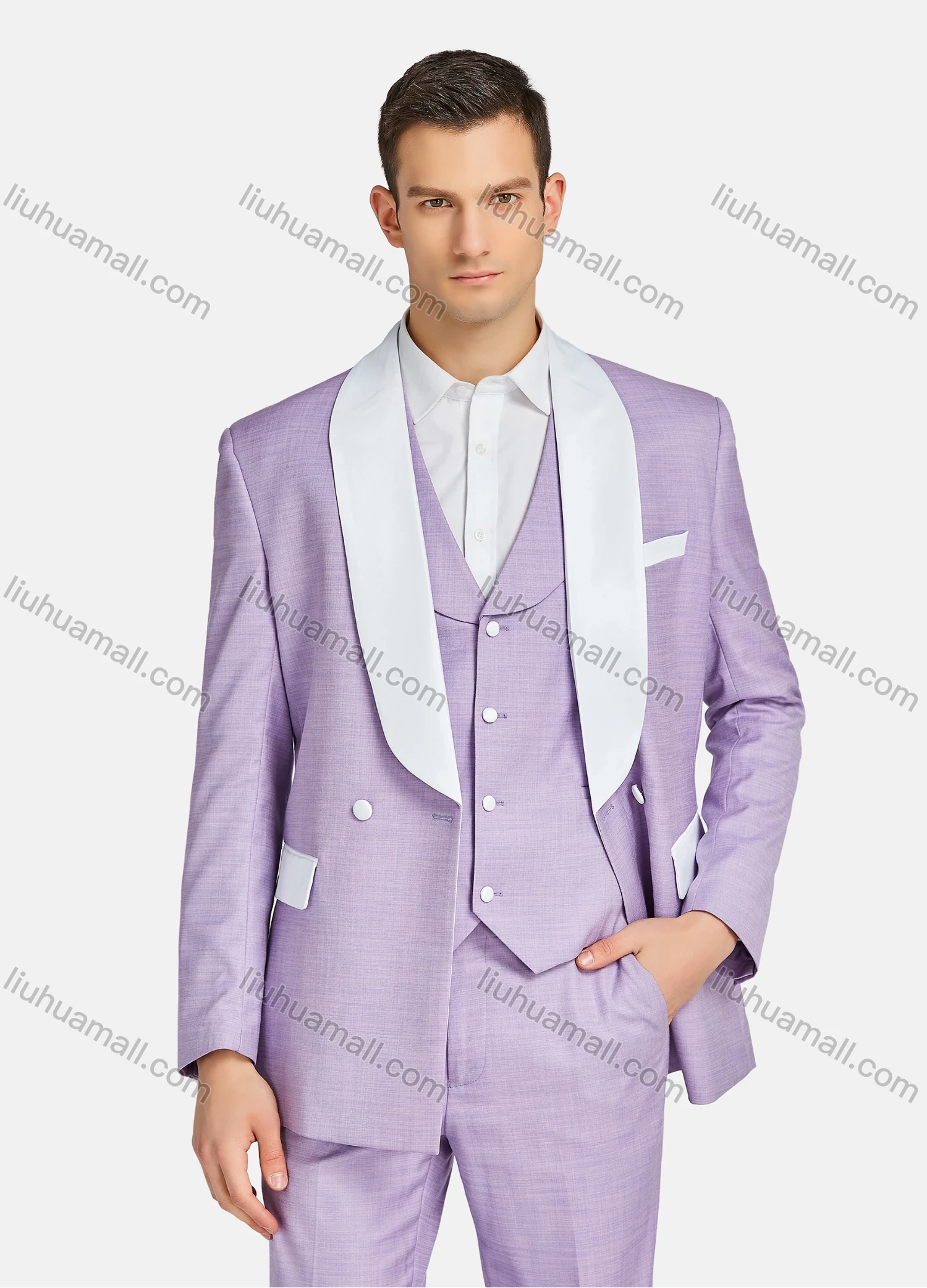 Wholesale Men's Formal Business Lapel Two Buttons Blazer Jacket & Single Breasted Waistcoat & Pants 3 Piece Suit Set - Liuhuamall