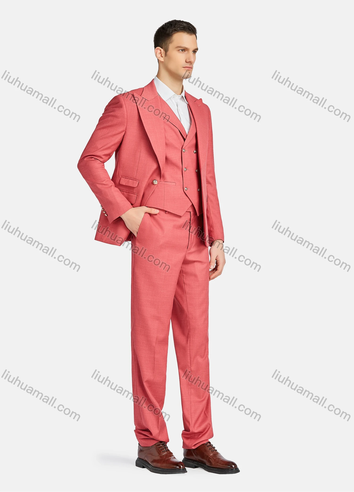 Wholesale Men's Formal Business Lapel Plain One Button Blazer Jacket & Doubel Breasted Waistcoat & Pants 3 Piece Suit Set - Liuhuamall