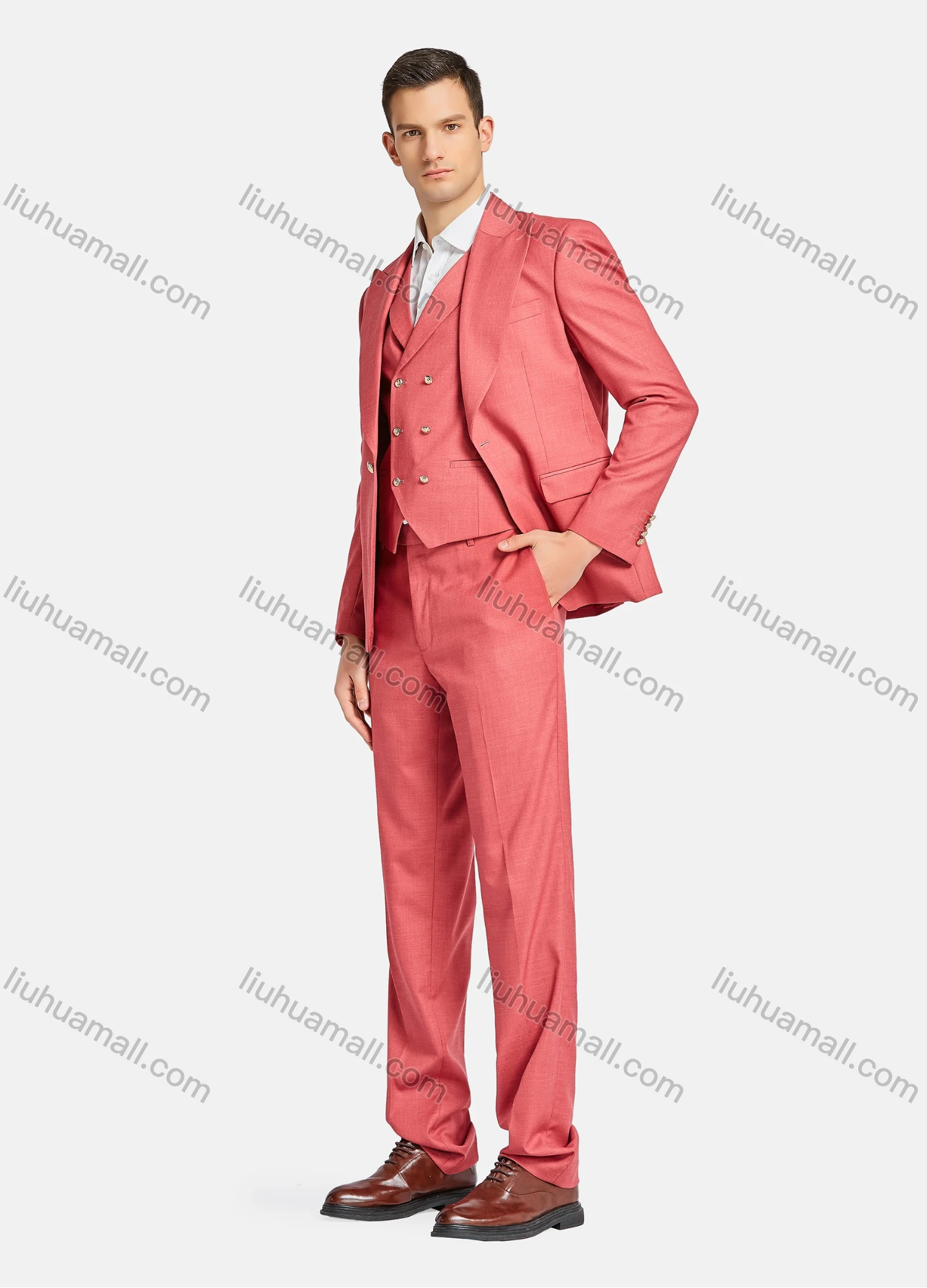 Wholesale Men's Formal Business Lapel Plain One Button Blazer Jacket & Doubel Breasted Waistcoat & Pants 3 Piece Suit Set - Liuhuamall