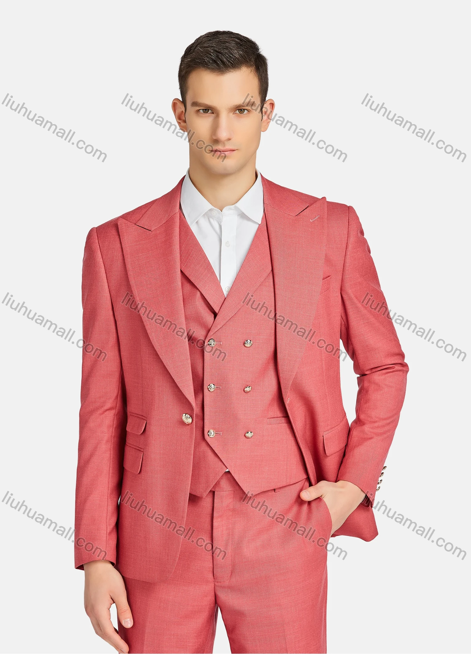 Wholesale Men's Formal Business Lapel Plain One Button Blazer Jacket & Doubel Breasted Waistcoat & Pants 3 Piece Suit Set - Liuhuamall