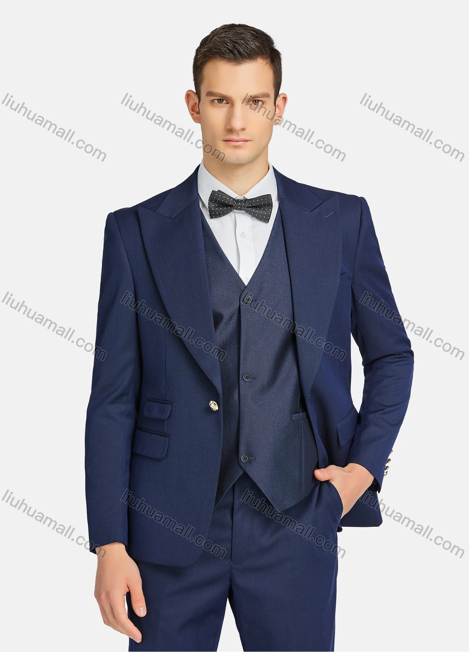 Wholesale Men's Formal Business Lapel Plain One Button Blazer Jacket & Single Breasted Waistcoat & Pants 3 Piece Suit Set - Liuhuamall