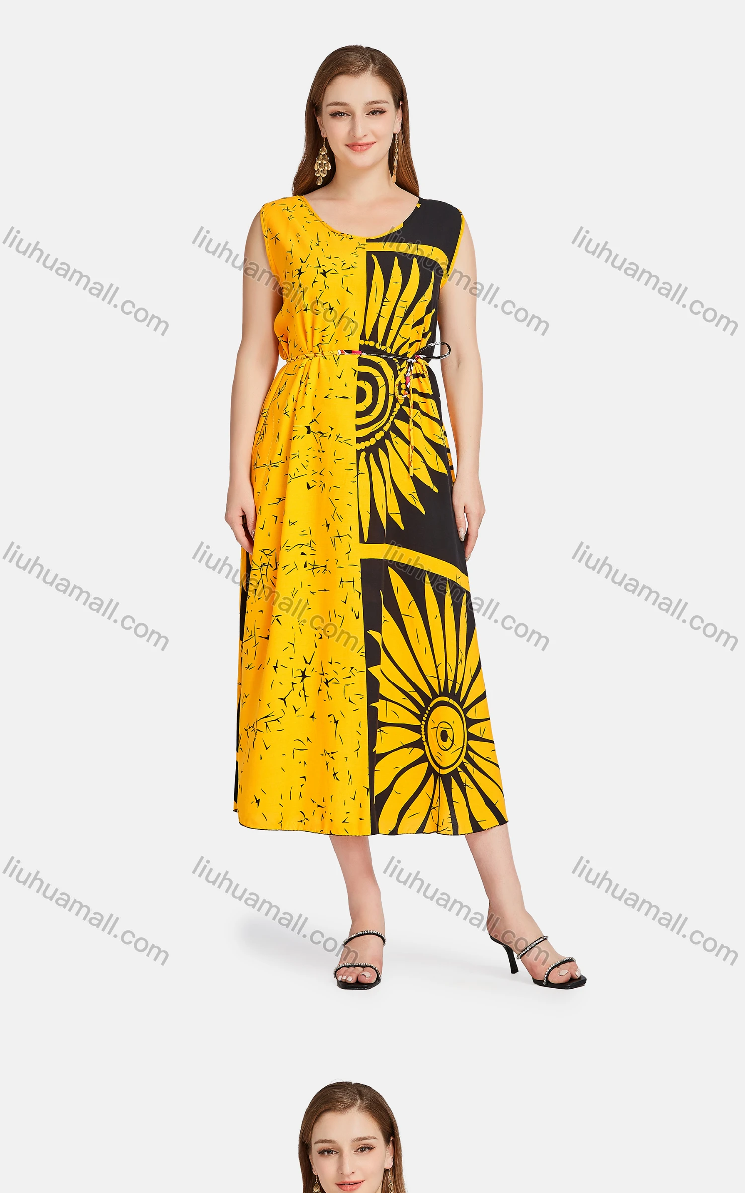 Wholesale Women's Casual Scoop Neck Colorblock Floral Lace Up Midi Tank Dress BQ-795-YD# - Liuhuamall
