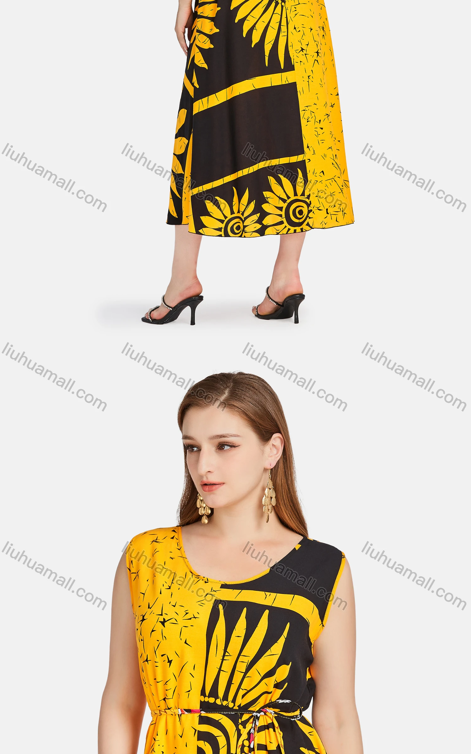 Wholesale Women's Casual Scoop Neck Colorblock Floral Lace Up Midi Tank Dress BQ-795-YD# - Liuhuamall