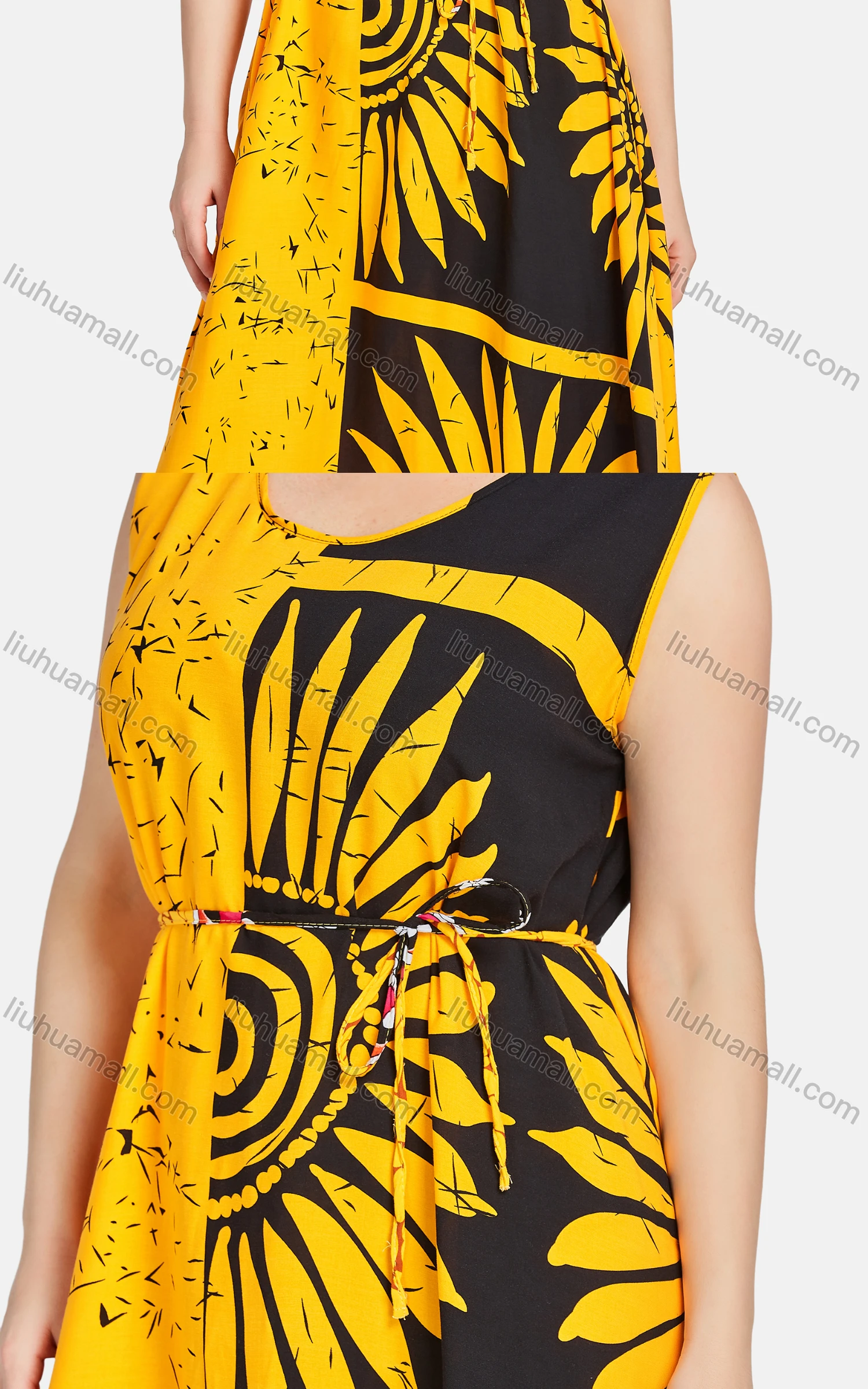 Wholesale Women's Casual Scoop Neck Colorblock Floral Lace Up Midi Tank Dress BQ-795-YD# - Liuhuamall