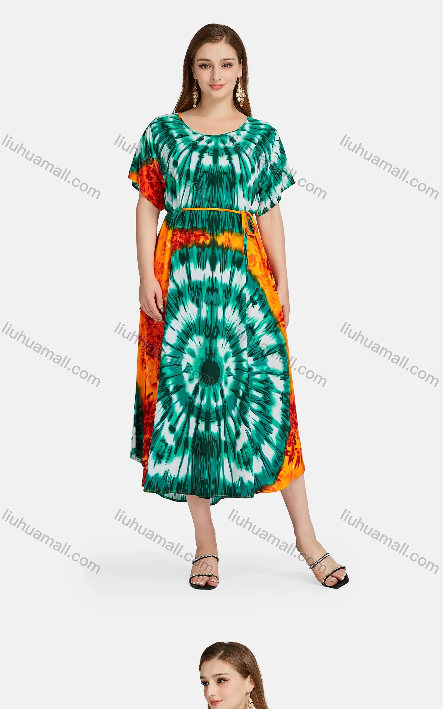 Wholesale Women's African Casual Scoop Neck Tie Dye Allover Print Maxi Dress With Turban BFX-34-789D2# - Liuhuamall