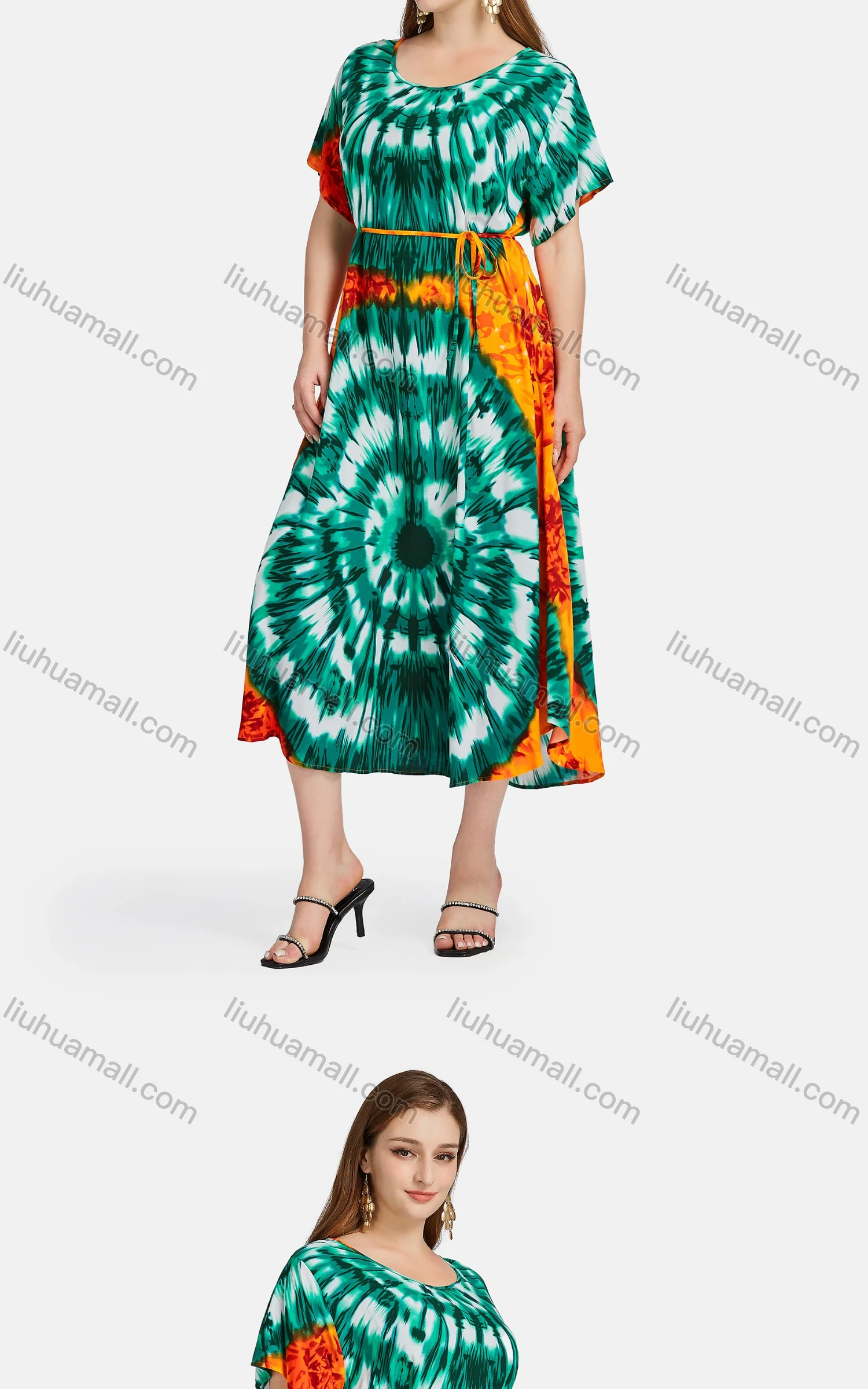 Wholesale Women's African Casual Scoop Neck Tie Dye Allover Print Maxi Dress With Turban BFX-34-789D2# - Liuhuamall