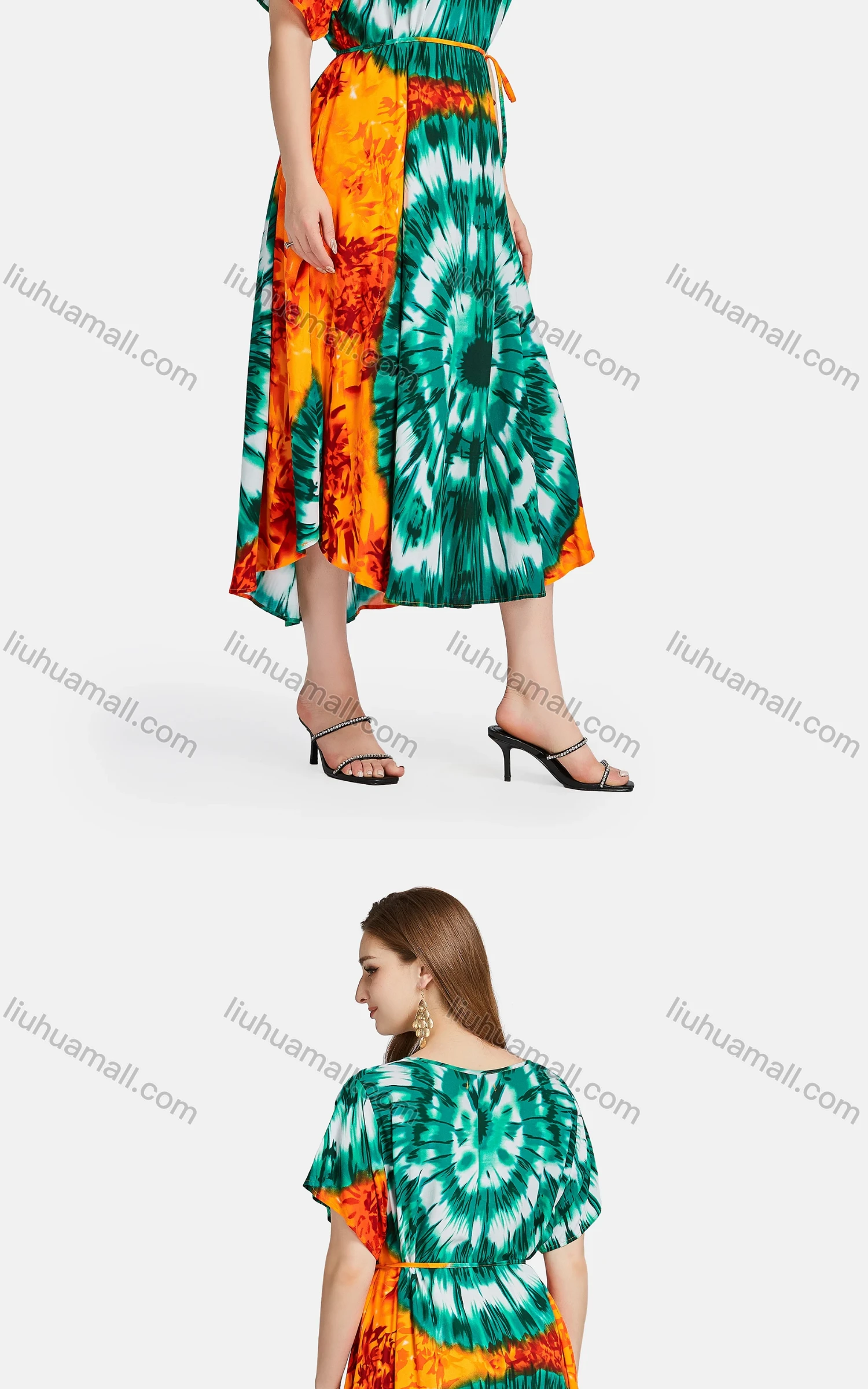 Wholesale Women's African Casual Scoop Neck Tie Dye Allover Print Maxi Dress With Turban BFX-34-789D2# - Liuhuamall