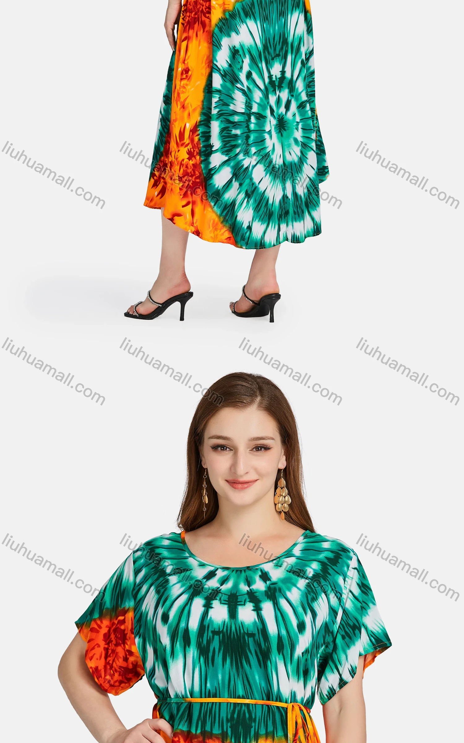 Wholesale Women's African Casual Scoop Neck Tie Dye Allover Print Maxi Dress With Turban BFX-34-789D2# - Liuhuamall