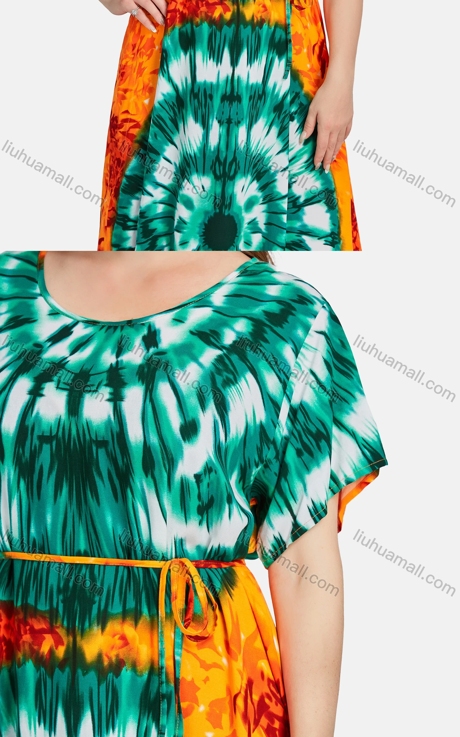 Wholesale Women's African Casual Scoop Neck Tie Dye Allover Print Maxi Dress With Turban BFX-34-789D2# - Liuhuamall