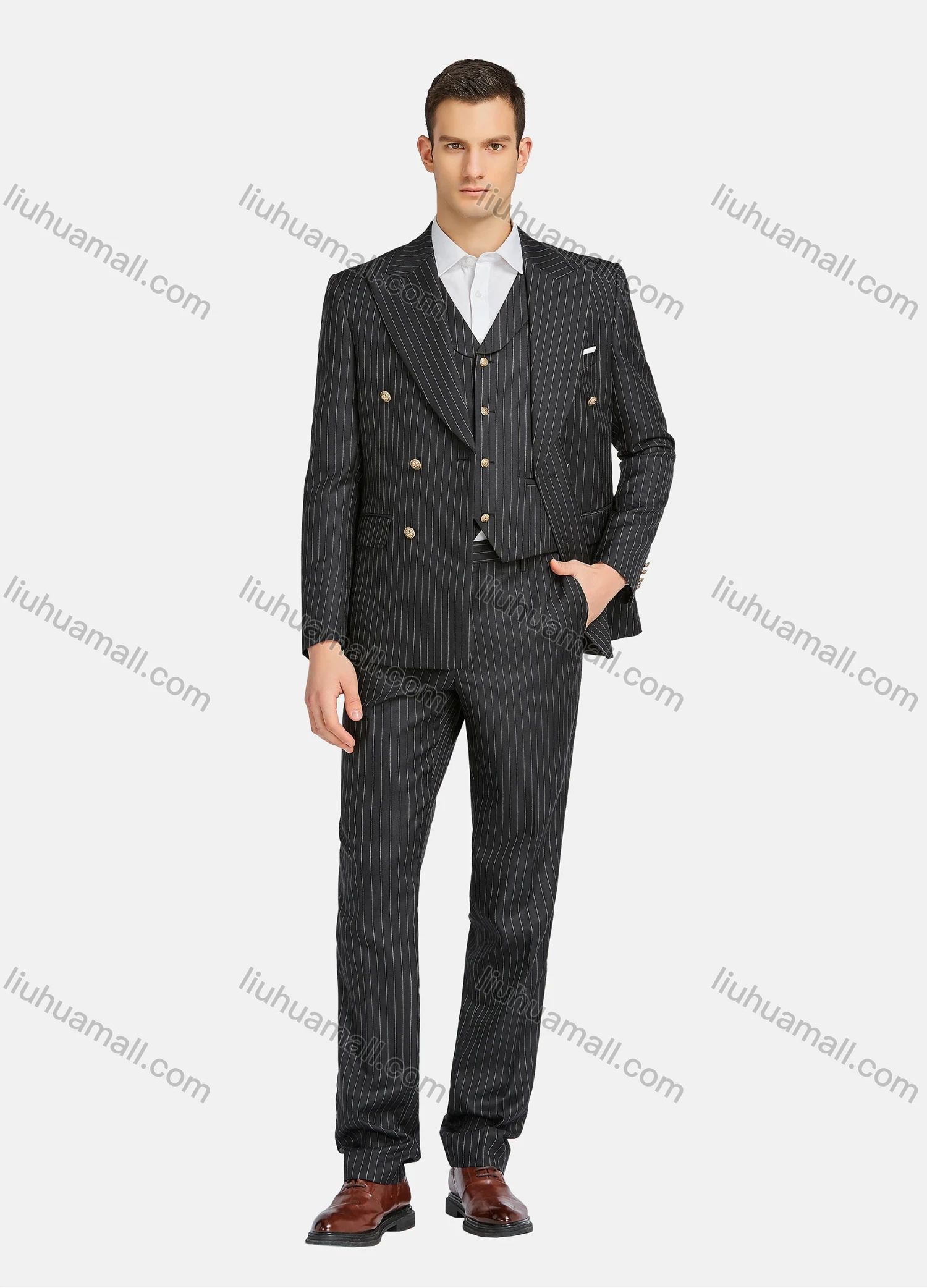 Wholesale Men's Formal Business Lapel Striped Double Breasted Blazer Jacket & Single Breasted Waistcoat & Pants 3 Piece Suit Set - Liuhuamall