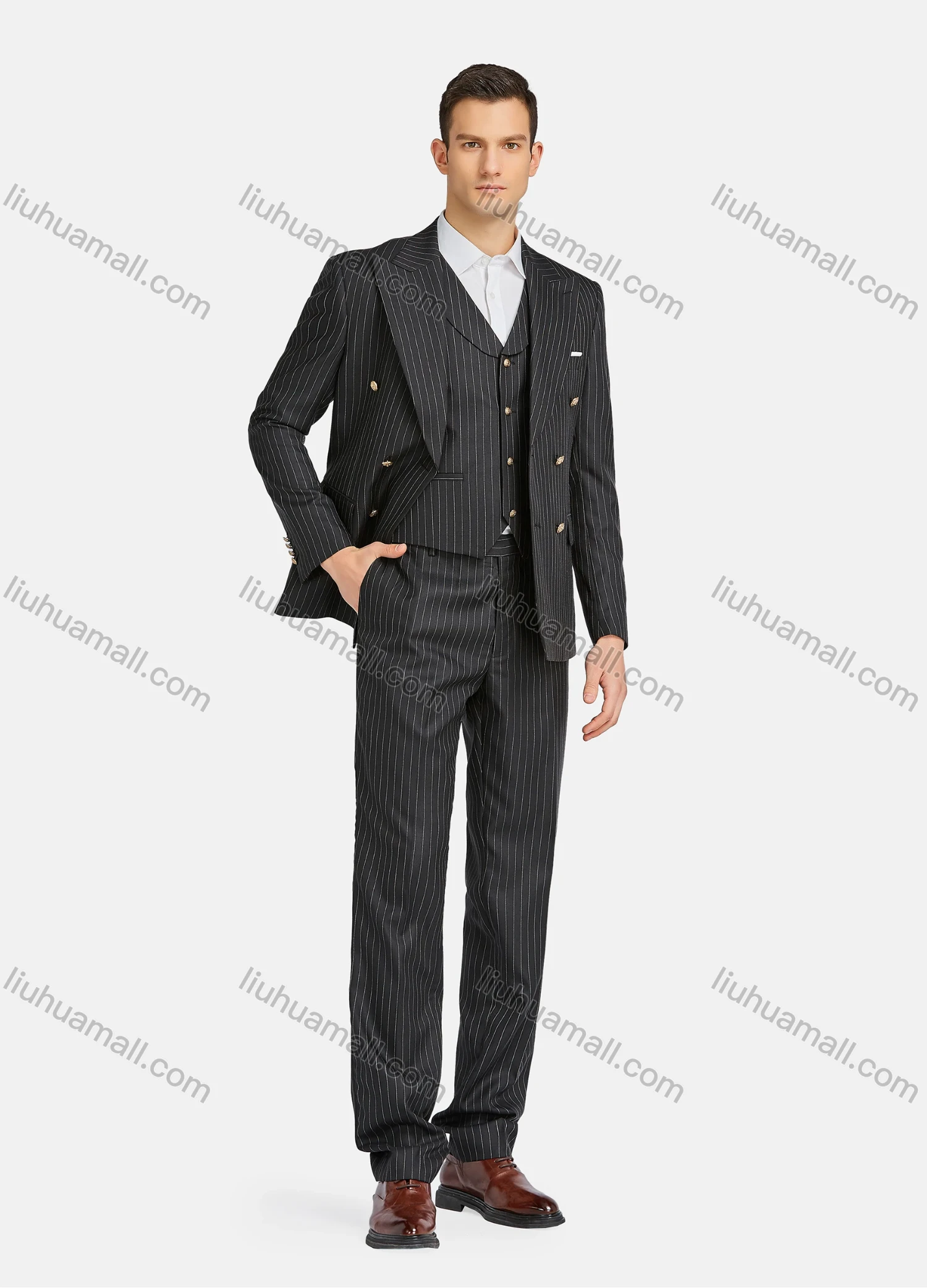 Wholesale Men's Formal Business Lapel Striped Double Breasted Blazer Jacket & Single Breasted Waistcoat & Pants 3 Piece Suit Set - Liuhuamall
