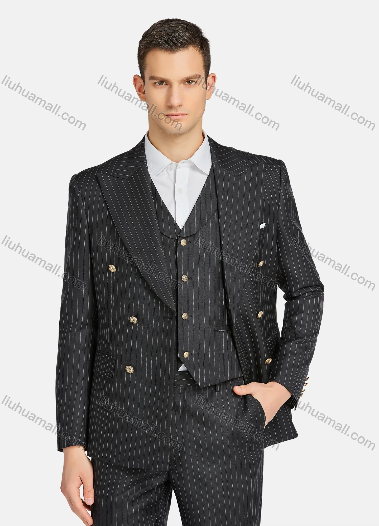 Wholesale Men's Formal Business Lapel Striped Double Breasted Blazer Jacket & Single Breasted Waistcoat & Pants 3 Piece Suit Set - Liuhuamall