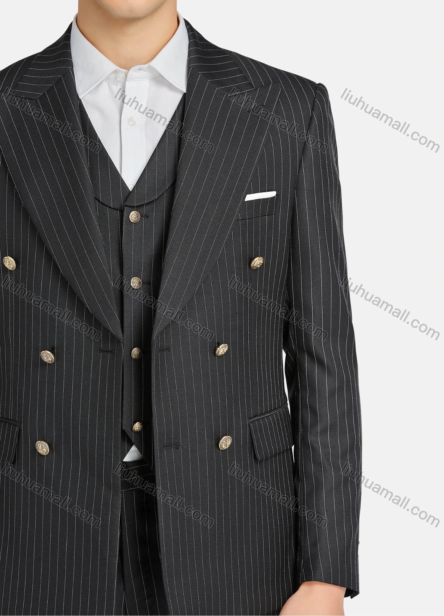 Wholesale Men's Formal Business Lapel Striped Double Breasted Blazer Jacket & Single Breasted Waistcoat & Pants 3 Piece Suit Set - Liuhuamall