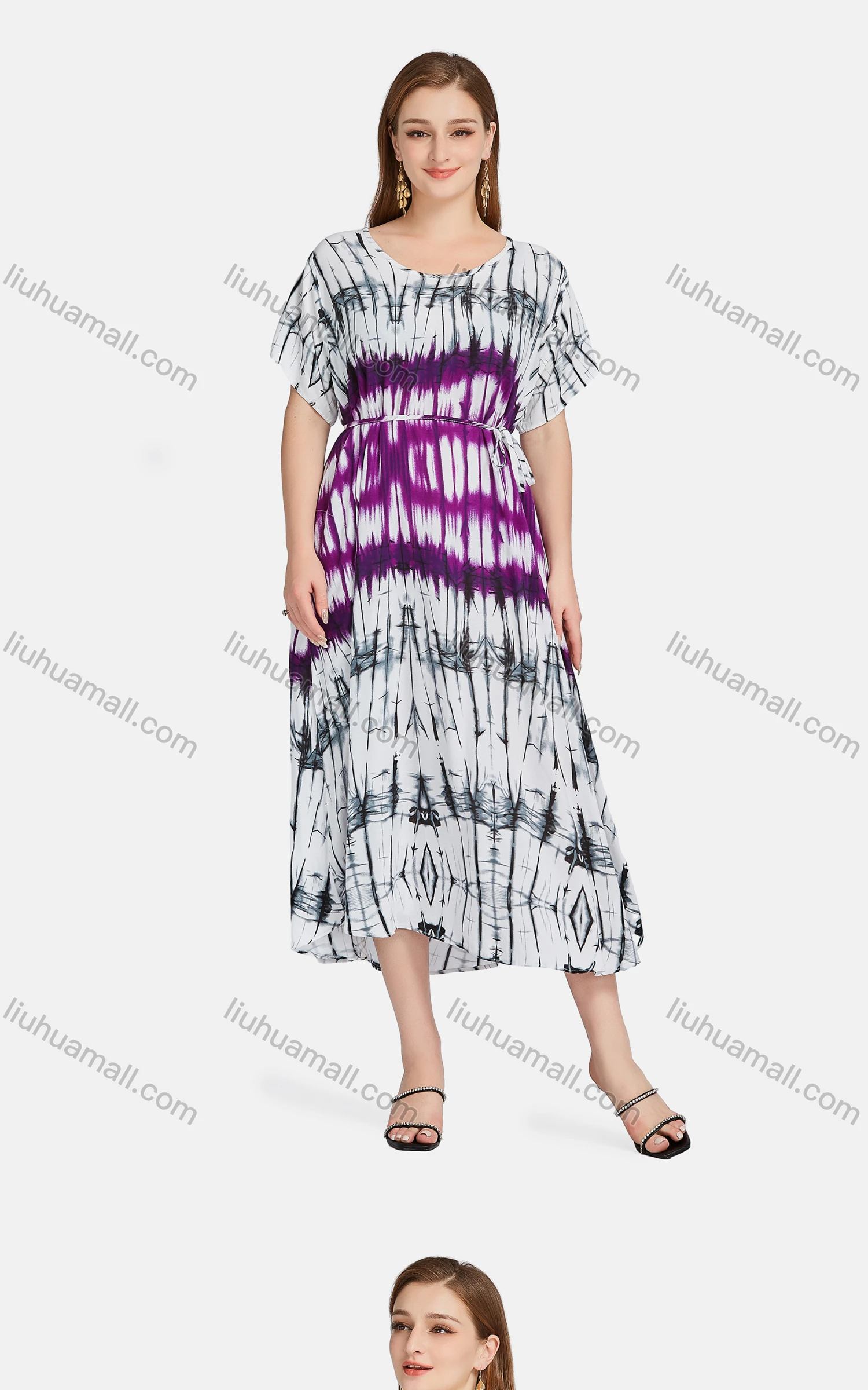 Wholesale Women's Casual Scoop Neck Tie Dye Lace Up Midi Dress XQ-788-YD# - Liuhuamall