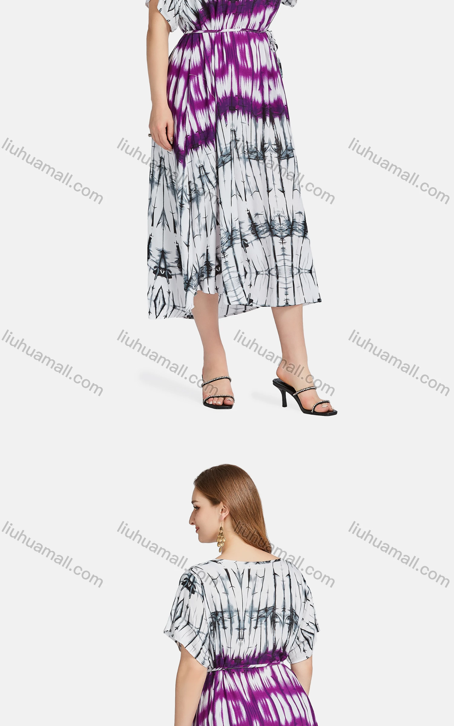 Wholesale Women's Casual Scoop Neck Tie Dye Lace Up Midi Dress XQ-788-YD# - Liuhuamall