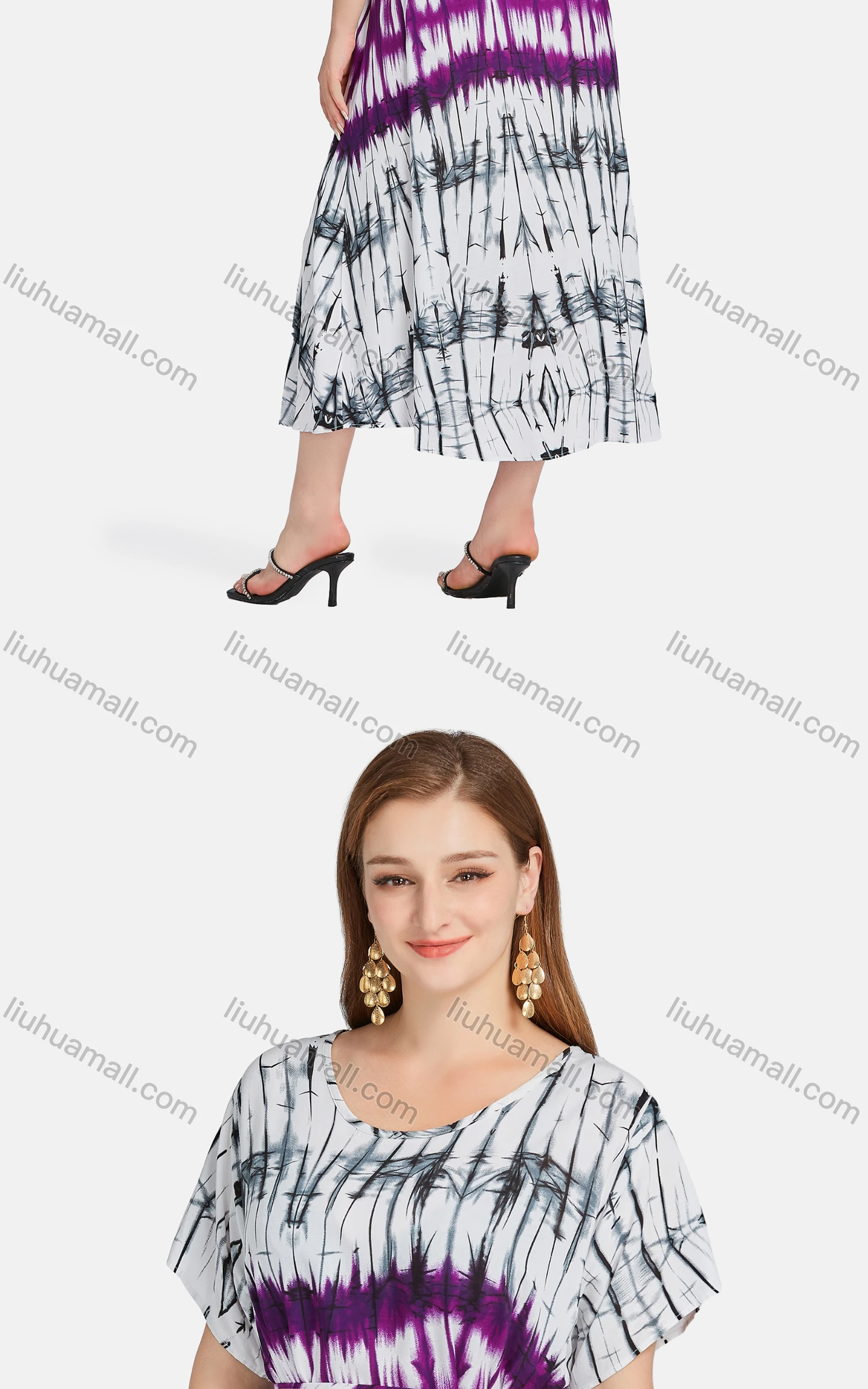 Wholesale Women's Casual Scoop Neck Tie Dye Lace Up Midi Dress XQ-788-YD# - Liuhuamall
