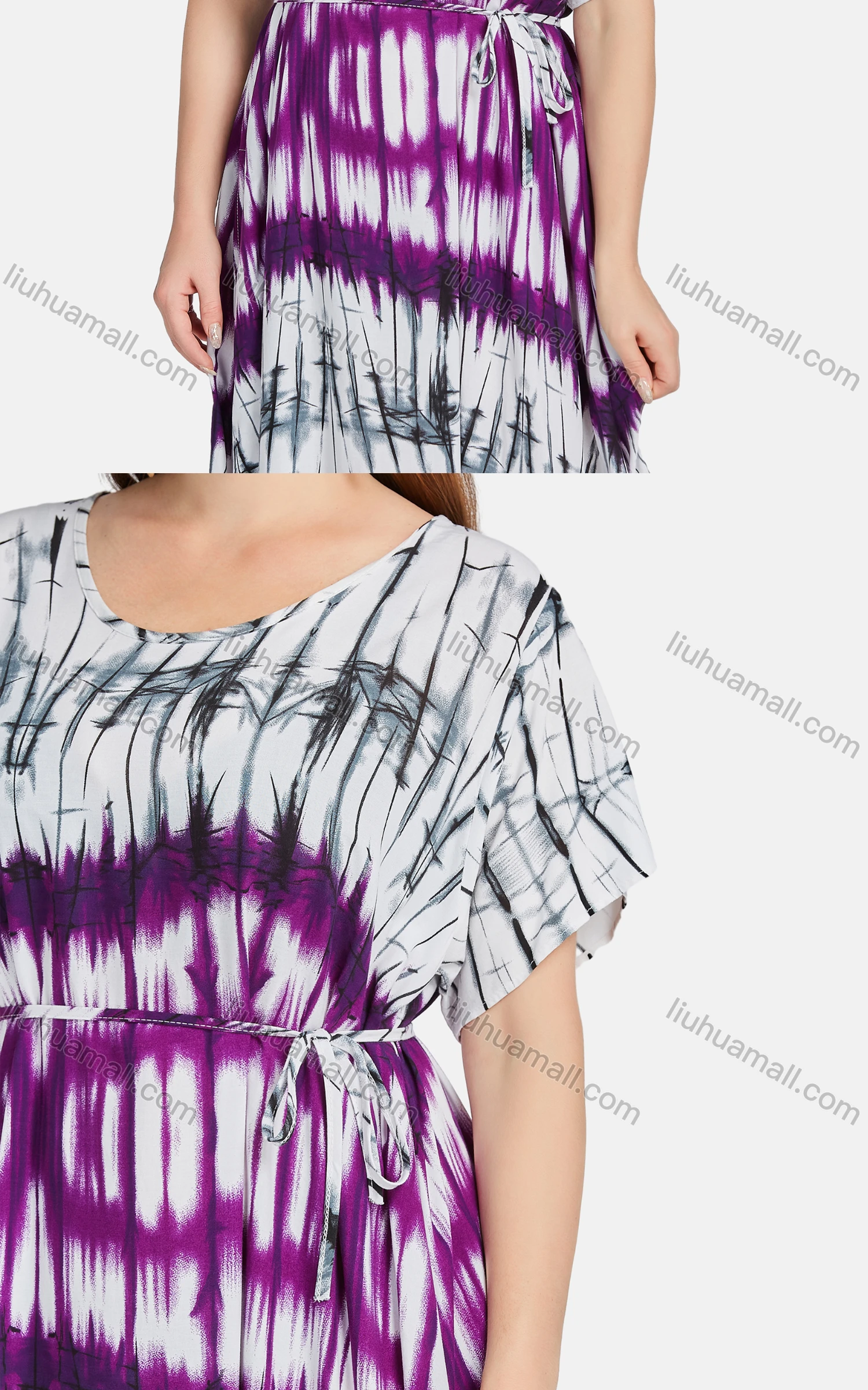 Wholesale Women's Casual Scoop Neck Tie Dye Lace Up Midi Dress XQ-788-YD# - Liuhuamall
