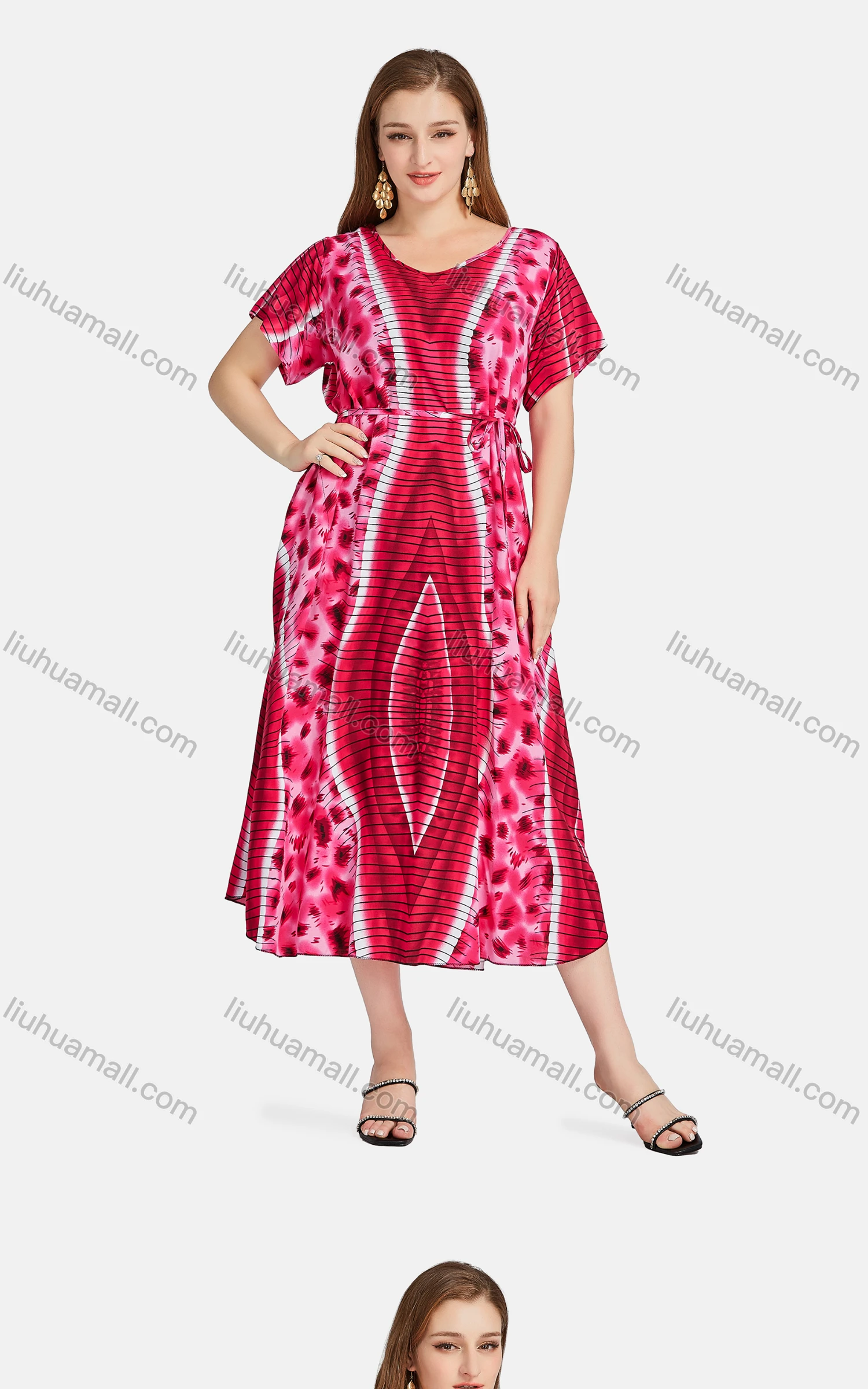 Wholesale Women's Casual Scoop Neck Tie Dye Allover Print Lace Up Midi Dress XQ-796-YD# - Liuhuamall