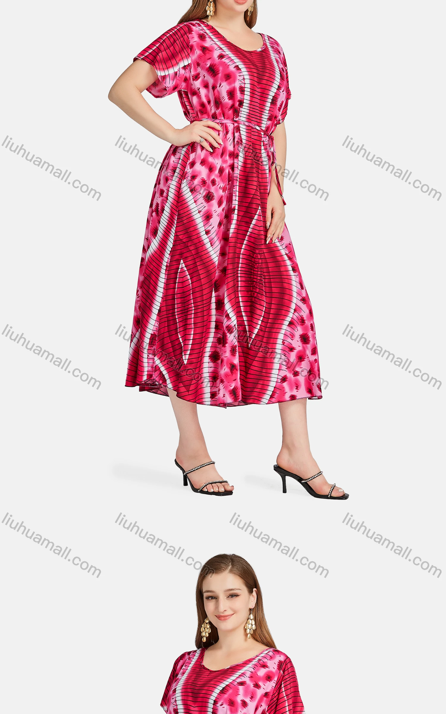 Wholesale Women's Casual Scoop Neck Tie Dye Allover Print Lace Up Midi Dress XQ-796-YD# - Liuhuamall