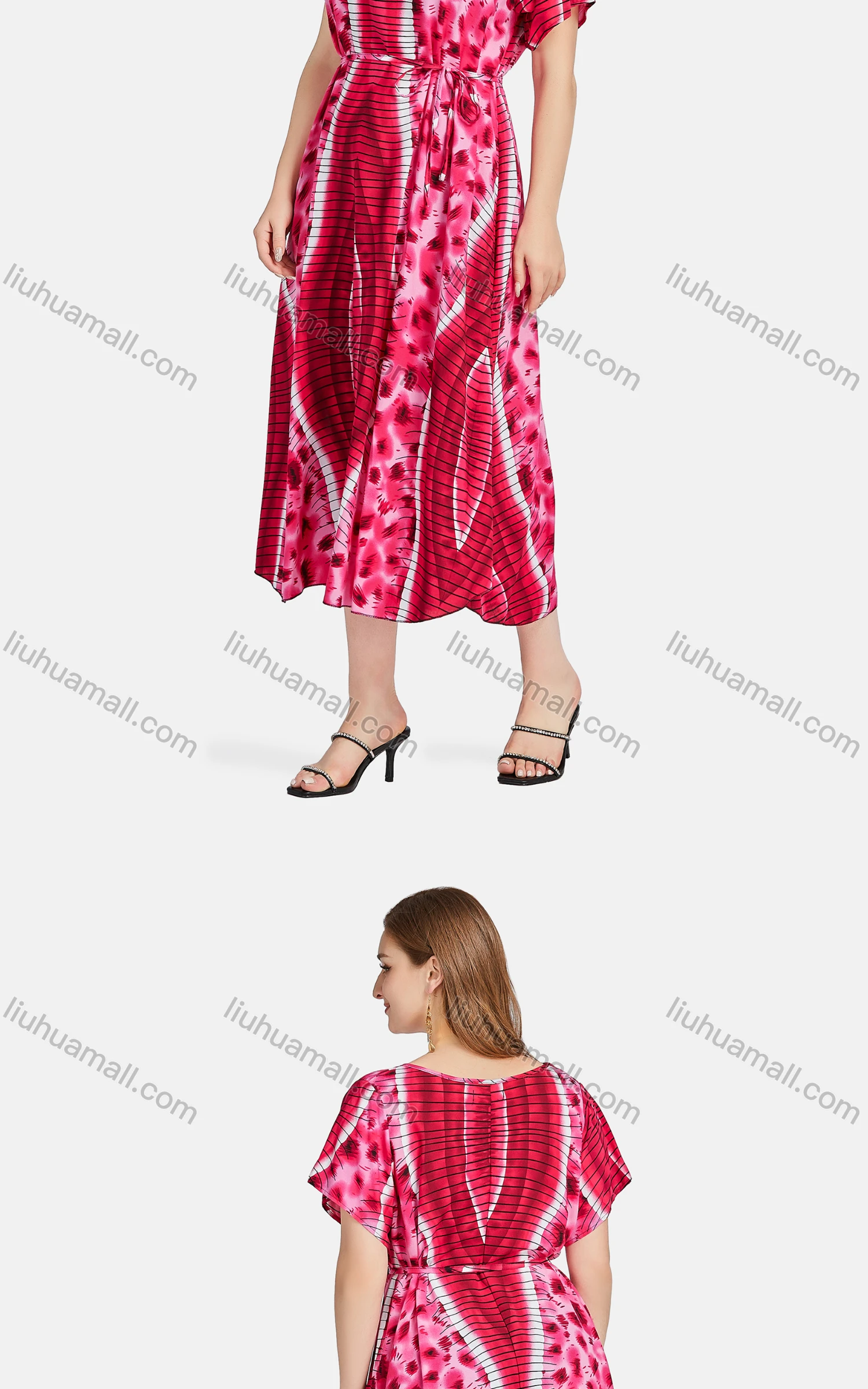 Wholesale Women's Casual Scoop Neck Tie Dye Allover Print Lace Up Midi Dress XQ-796-YD# - Liuhuamall