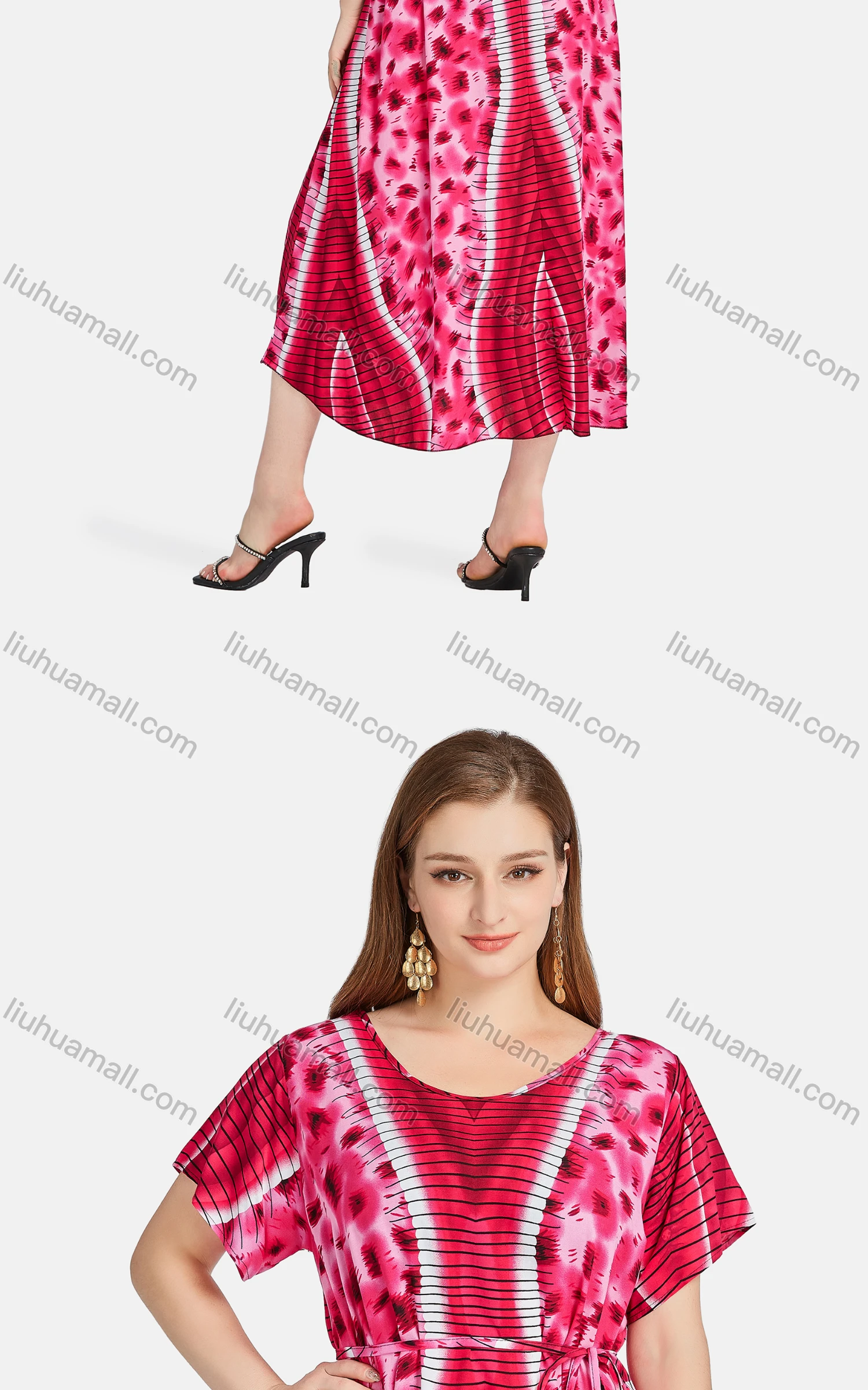 Wholesale Women's Casual Scoop Neck Tie Dye Allover Print Lace Up Midi Dress XQ-796-YD# - Liuhuamall