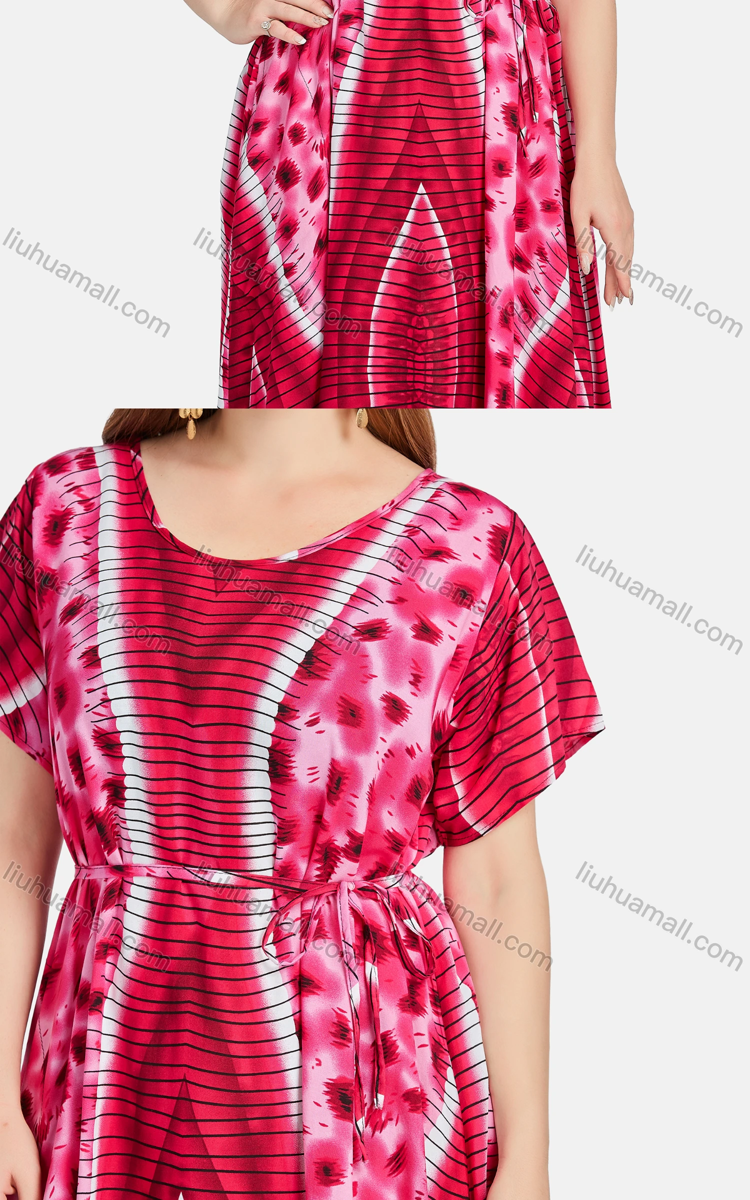 Wholesale Women's Casual Scoop Neck Tie Dye Allover Print Lace Up Midi Dress XQ-796-YD# - Liuhuamall
