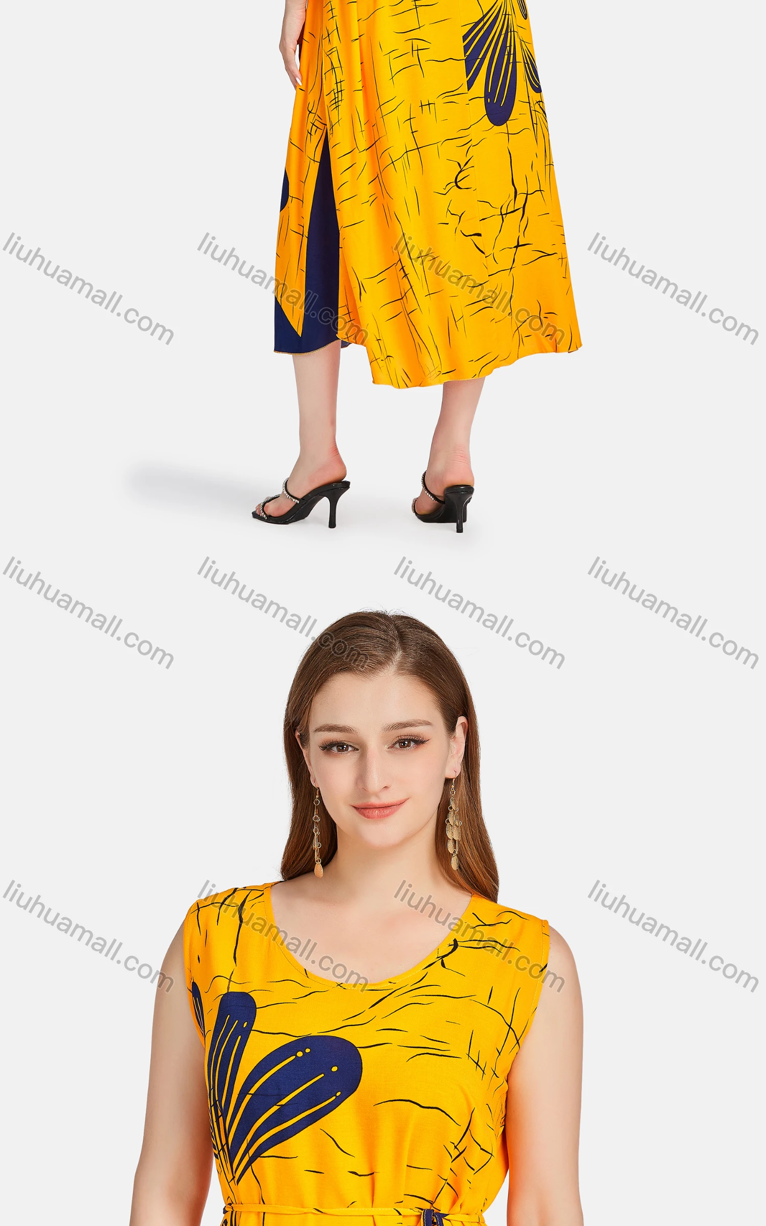 Wholesale Women's Casual Scoop Neck Floral Lace Up Midi Tank Dress - Liuhuamall