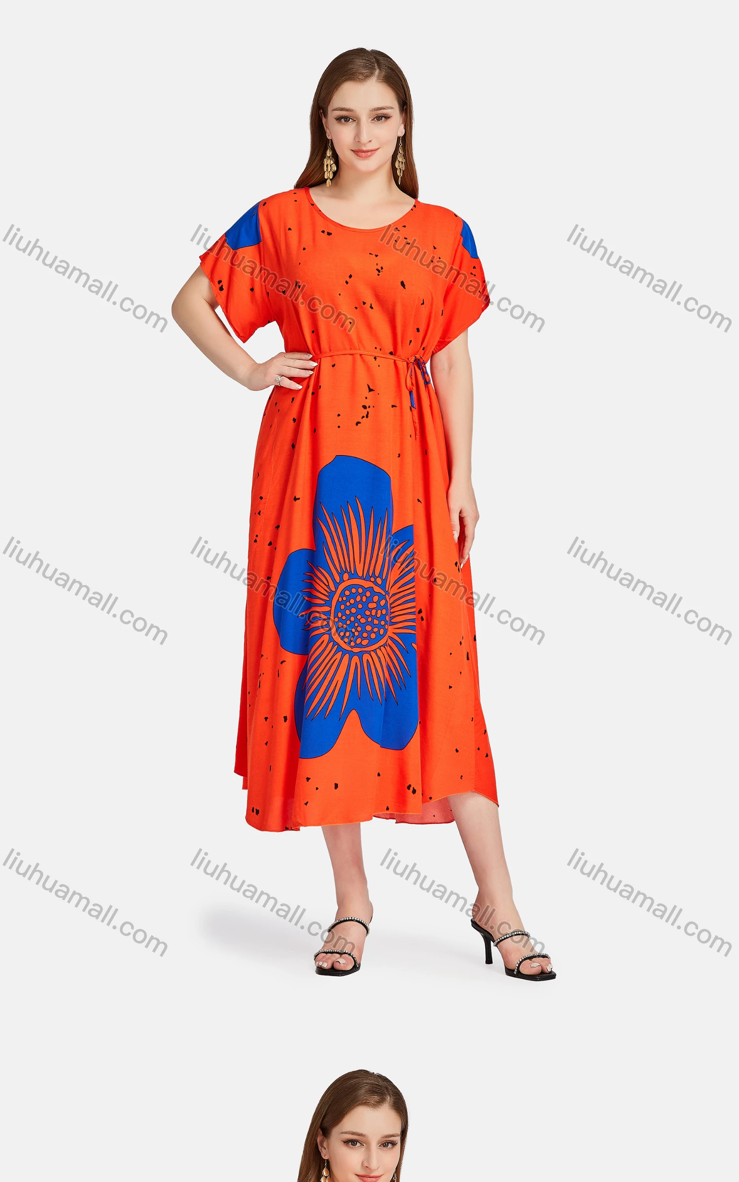 Wholesale Women's Casual Crew Neck Short Sleeve Floral Lace Up Midi Dress - Liuhuamall