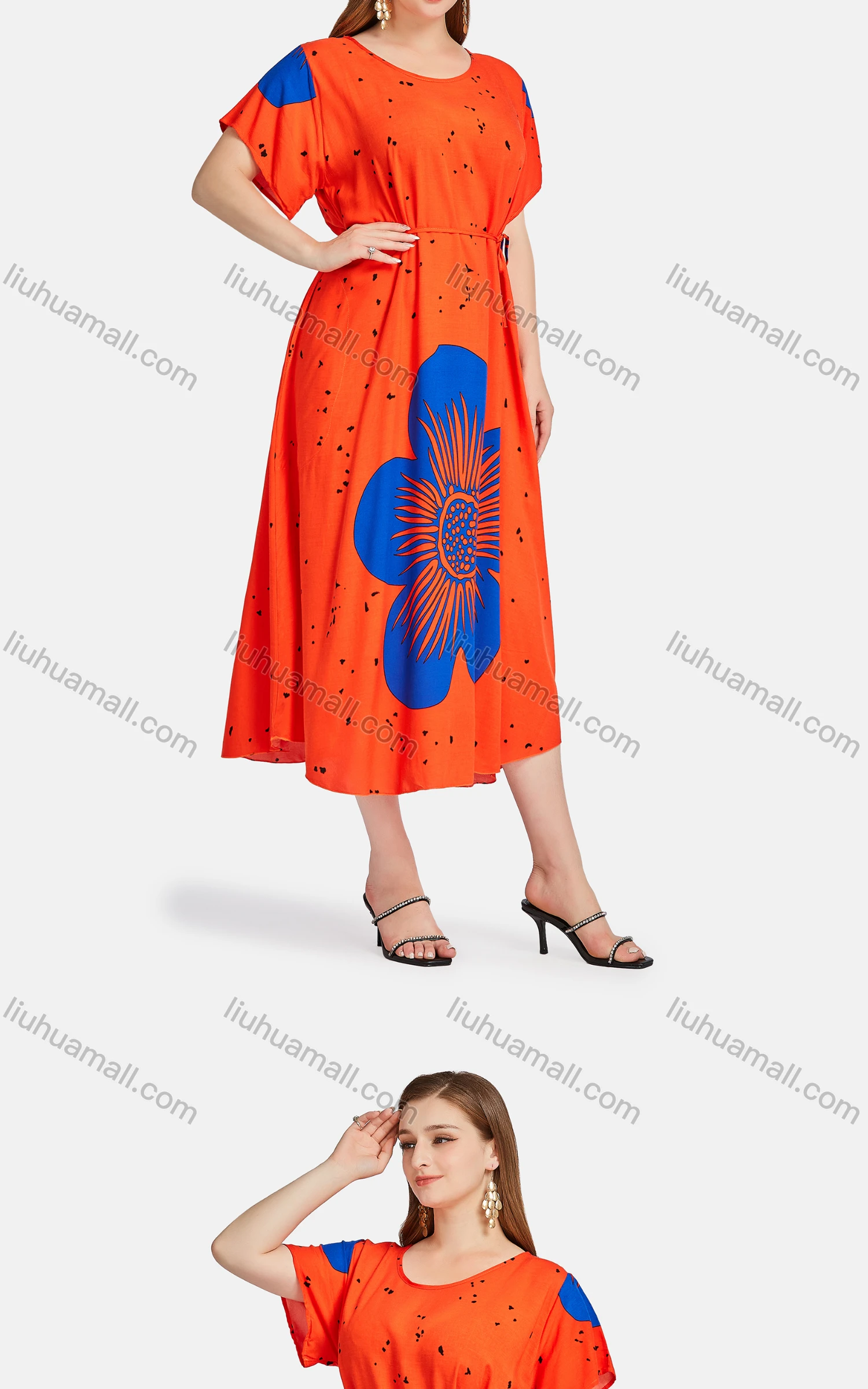 Wholesale Women's Casual Crew Neck Short Sleeve Floral Lace Up Midi Dress - Liuhuamall