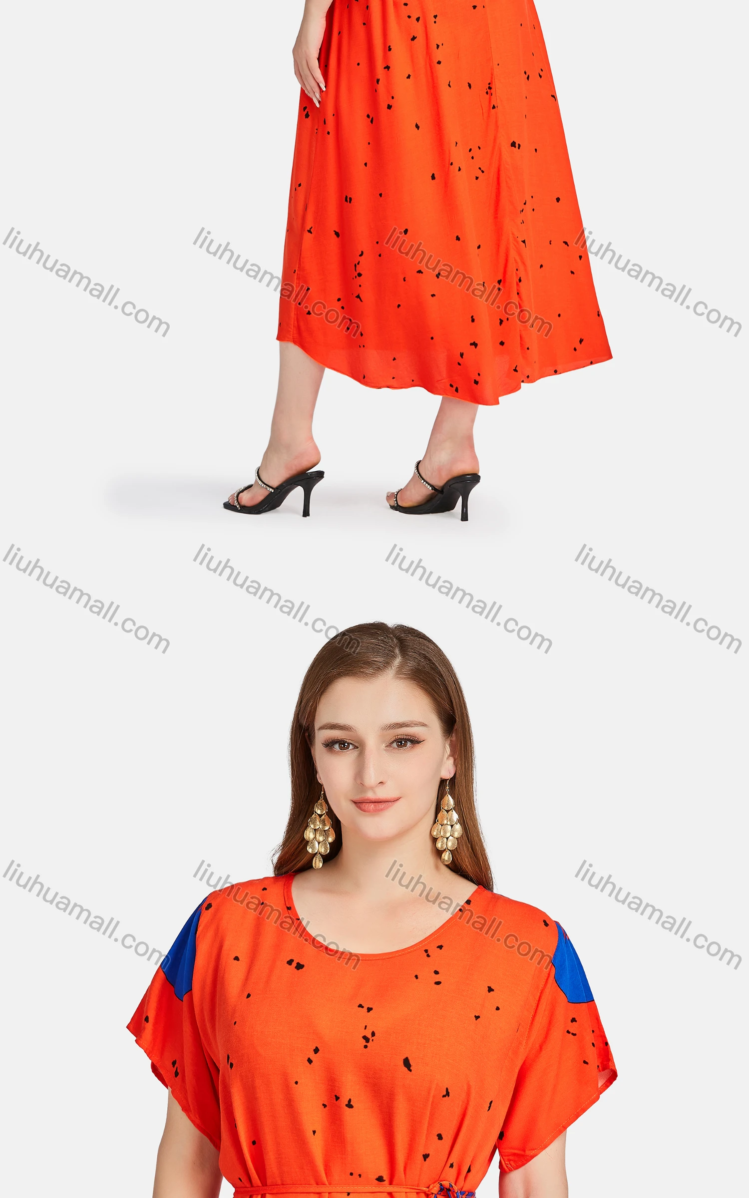 Wholesale Women's Casual Crew Neck Short Sleeve Floral Lace Up Midi Dress - Liuhuamall