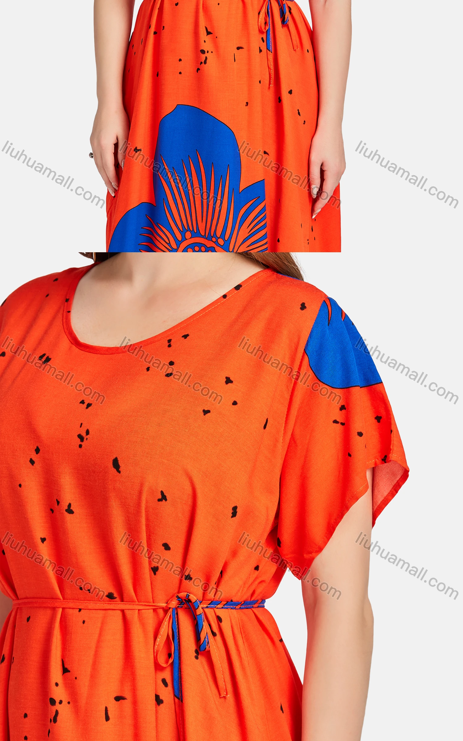 Wholesale Women's Casual Crew Neck Short Sleeve Floral Lace Up Midi Dress - Liuhuamall