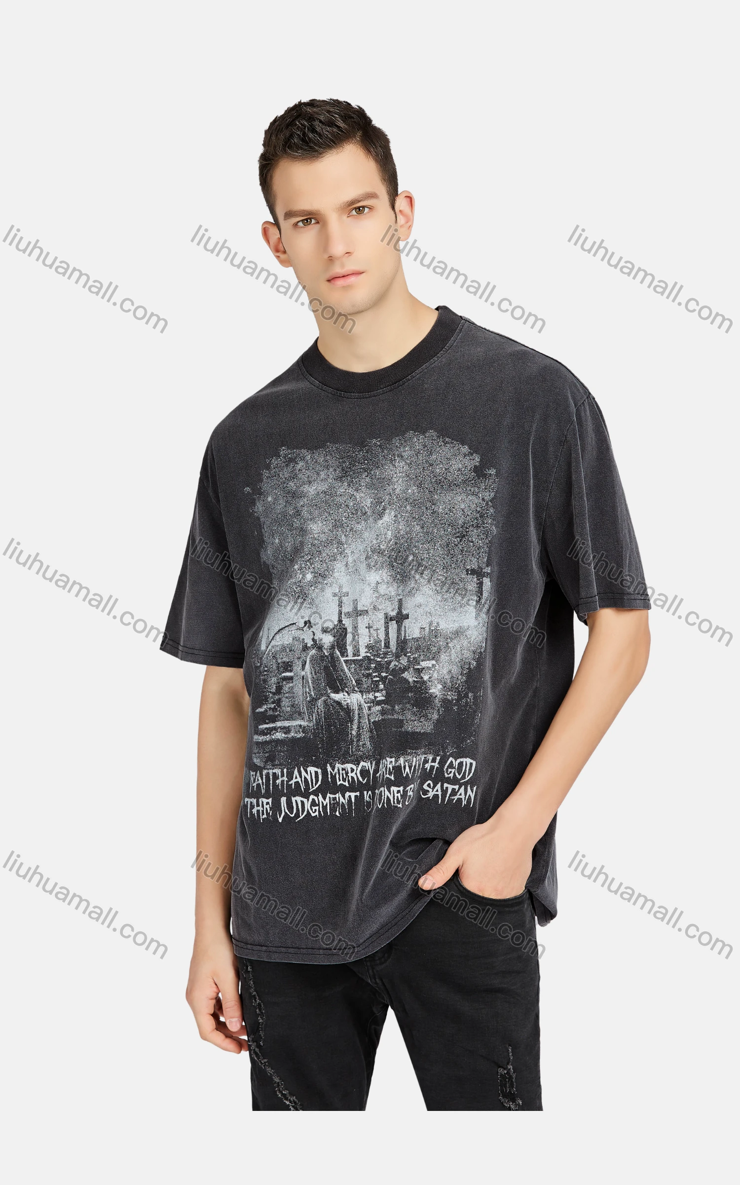 Wholesale Men's Hip Hop Crew Neck Short Sleeve Loose Fit Graphic Letter T-shirt - Liuhuamall