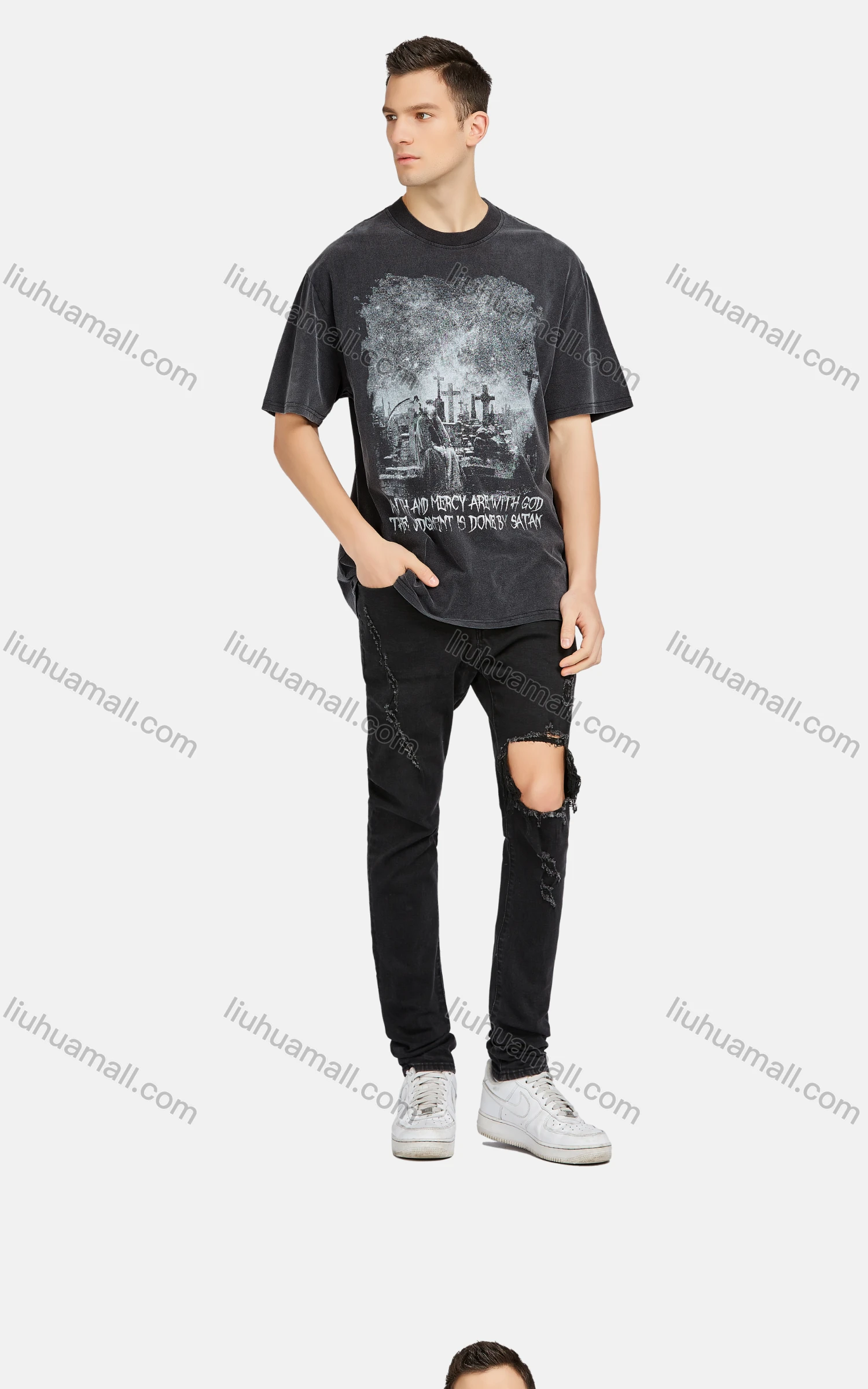 Wholesale Men's Hip Hop Crew Neck Short Sleeve Loose Fit Graphic Letter T-shirt - Liuhuamall