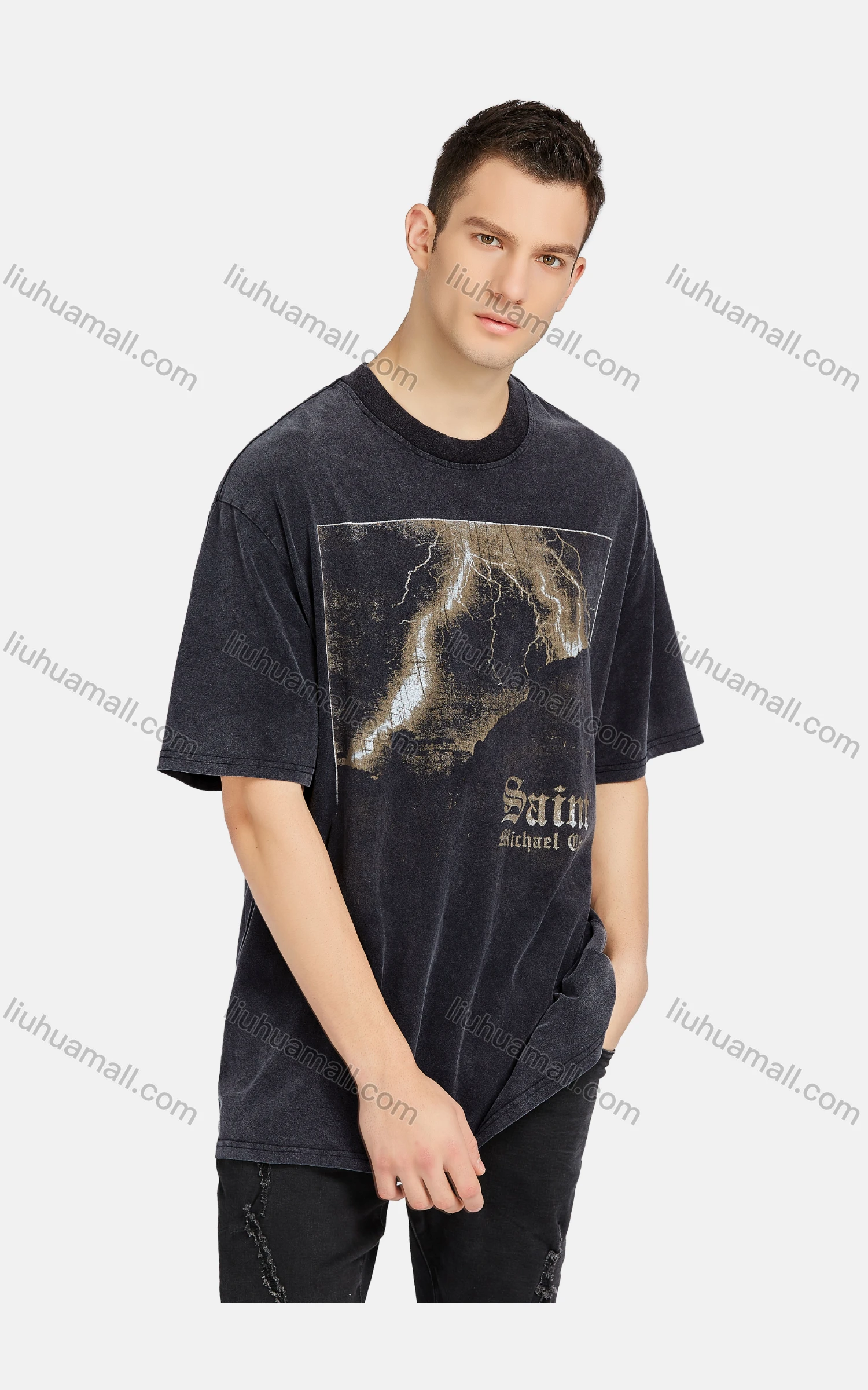 Wholesale Men's Hip Hop Crew Neck Short Sleeve Loose Fit Graphic Letter T-shirt - Liuhuamall