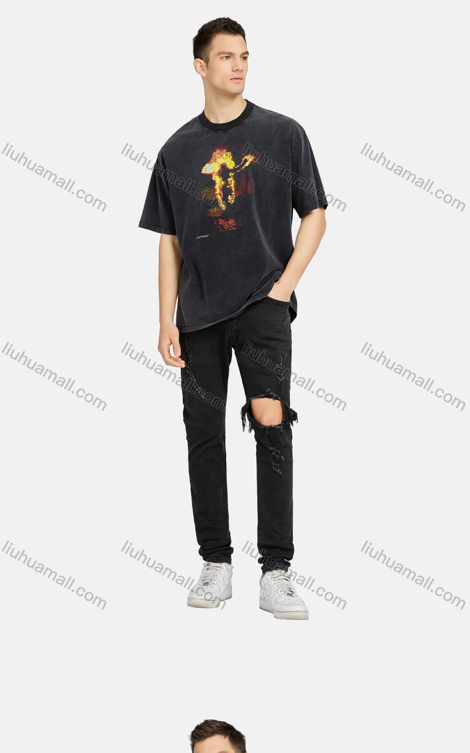 Wholesale Men's Hip Hop Crew Neck Short Sleeve Loose Fit Graphic T-shirt - Liuhuamall