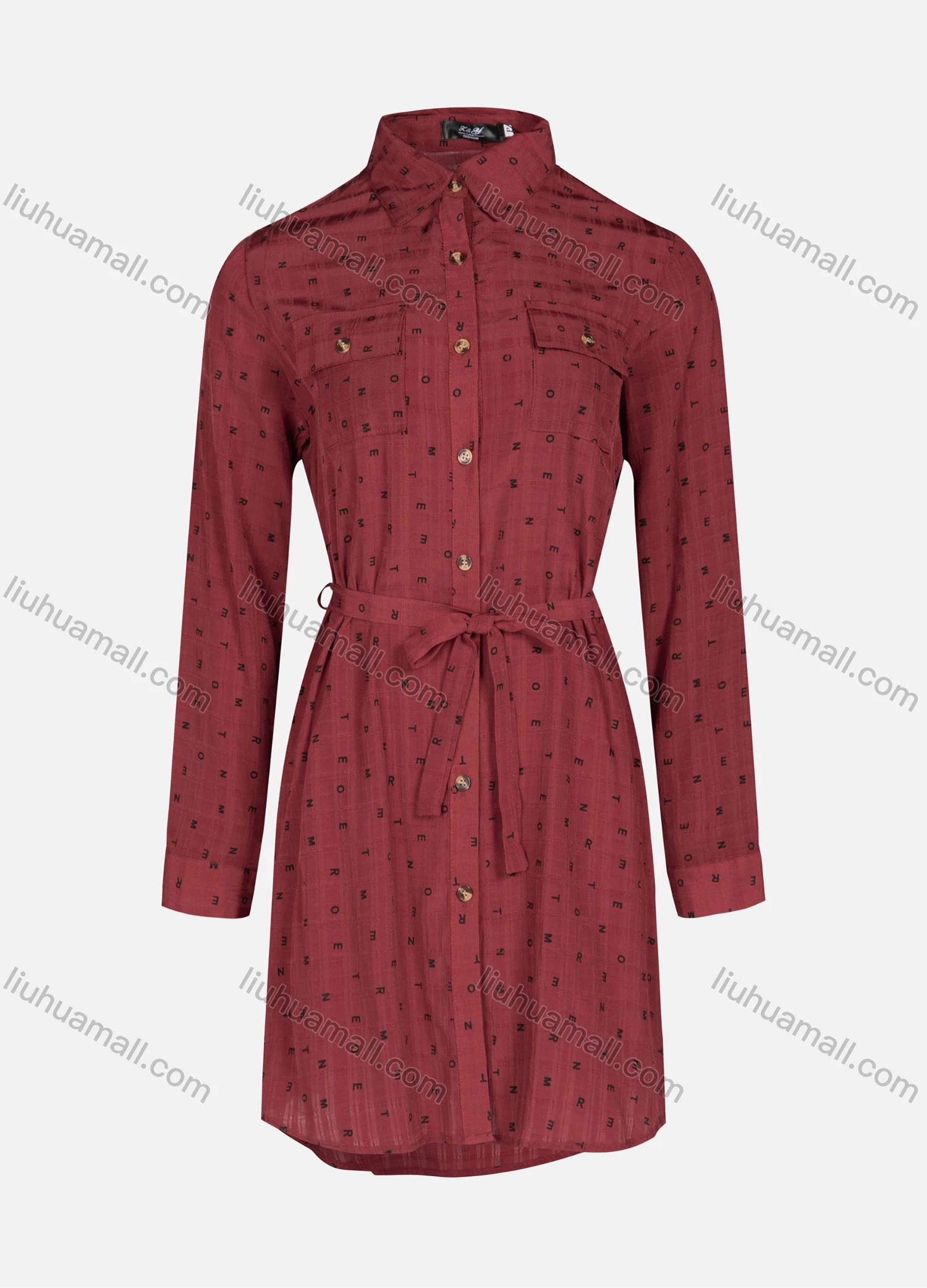 Wholesale Women's Casual Letter Print Collared Buttons Down Long Sleeve Flap Pockets Short Shirt Dress With Belt A1806# - Liuhuamall
