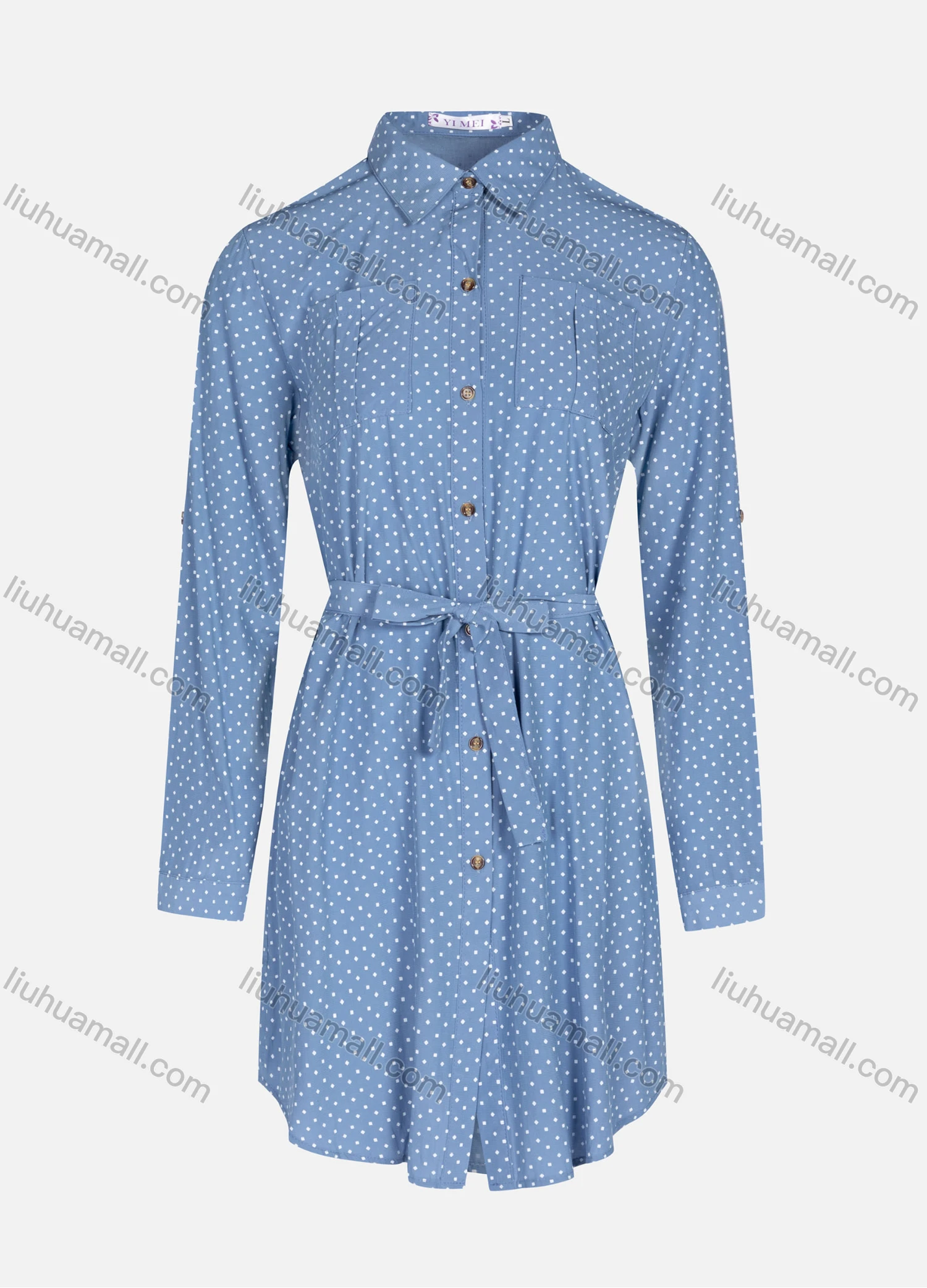 Wholesale Women's Casual Pin Dot Collared Buttons Down Long Sleeve Patch Pockets Short Shirt Dress With Belt T70117# - Liuhuamall