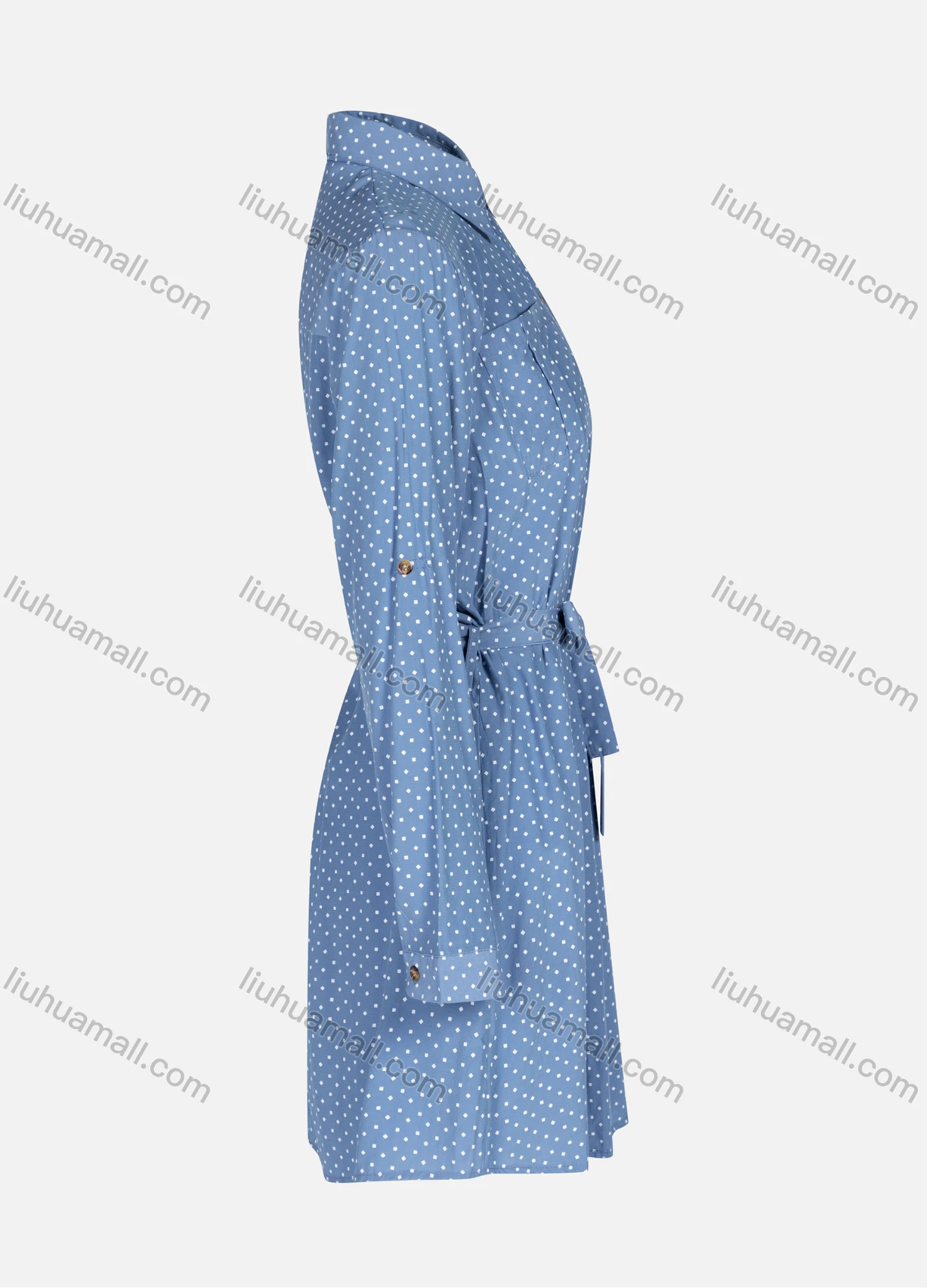 Wholesale Women's Casual Pin Dot Collared Buttons Down Long Sleeve Patch Pockets Short Shirt Dress With Belt T70117# - Liuhuamall