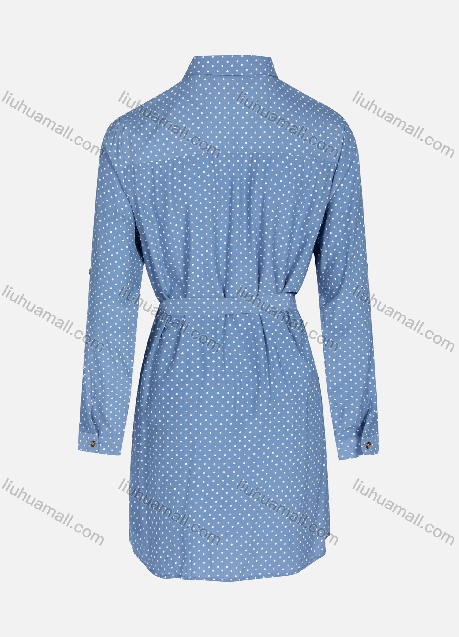 Wholesale Women's Casual Pin Dot Collared Buttons Down Long Sleeve Patch Pockets Short Shirt Dress With Belt T70117# - Liuhuamall