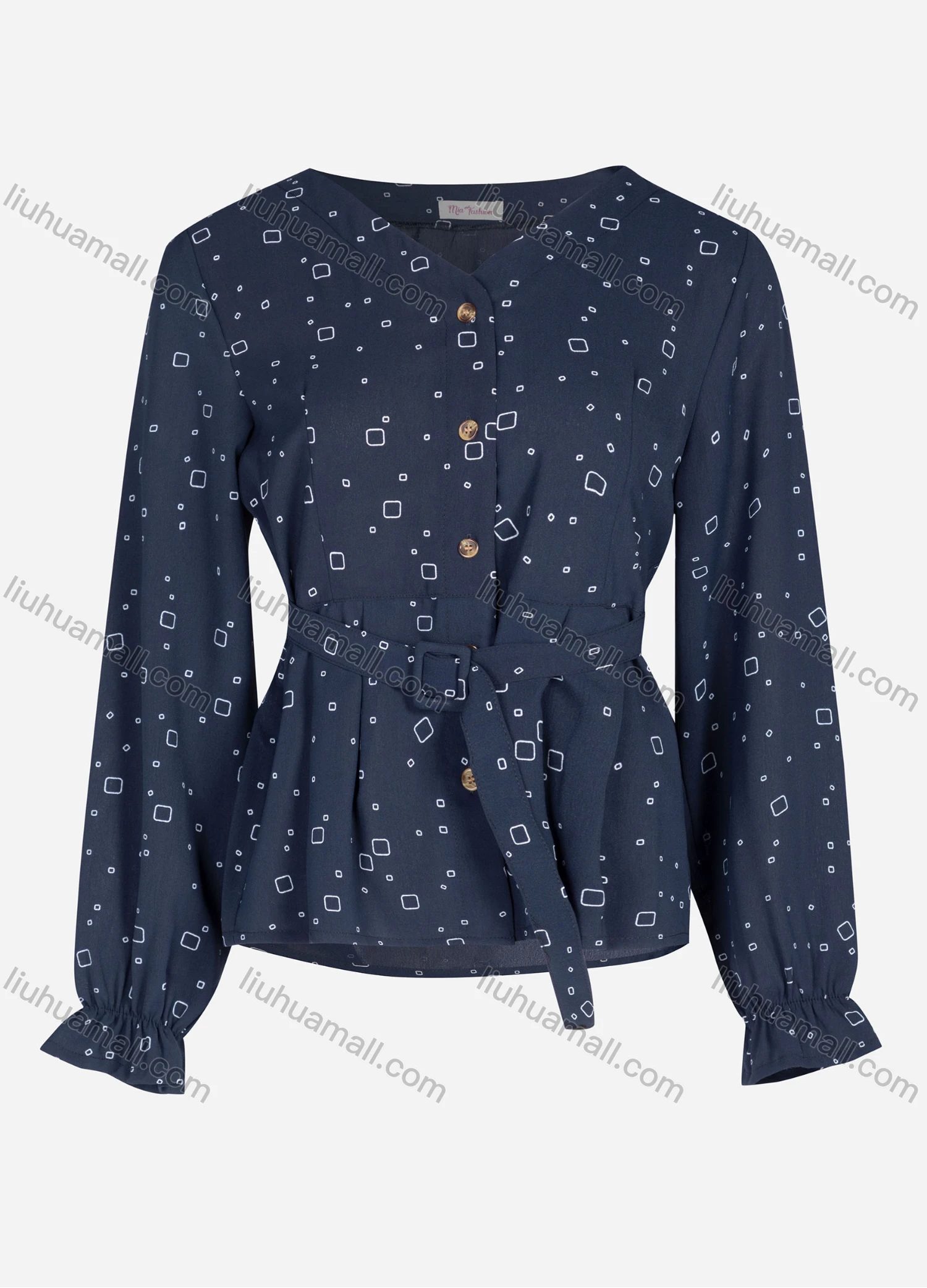 Wholesale Women's Casual Allover Print V Neck Long Sleeve Blouse With Belt 7109# - Liuhuamall