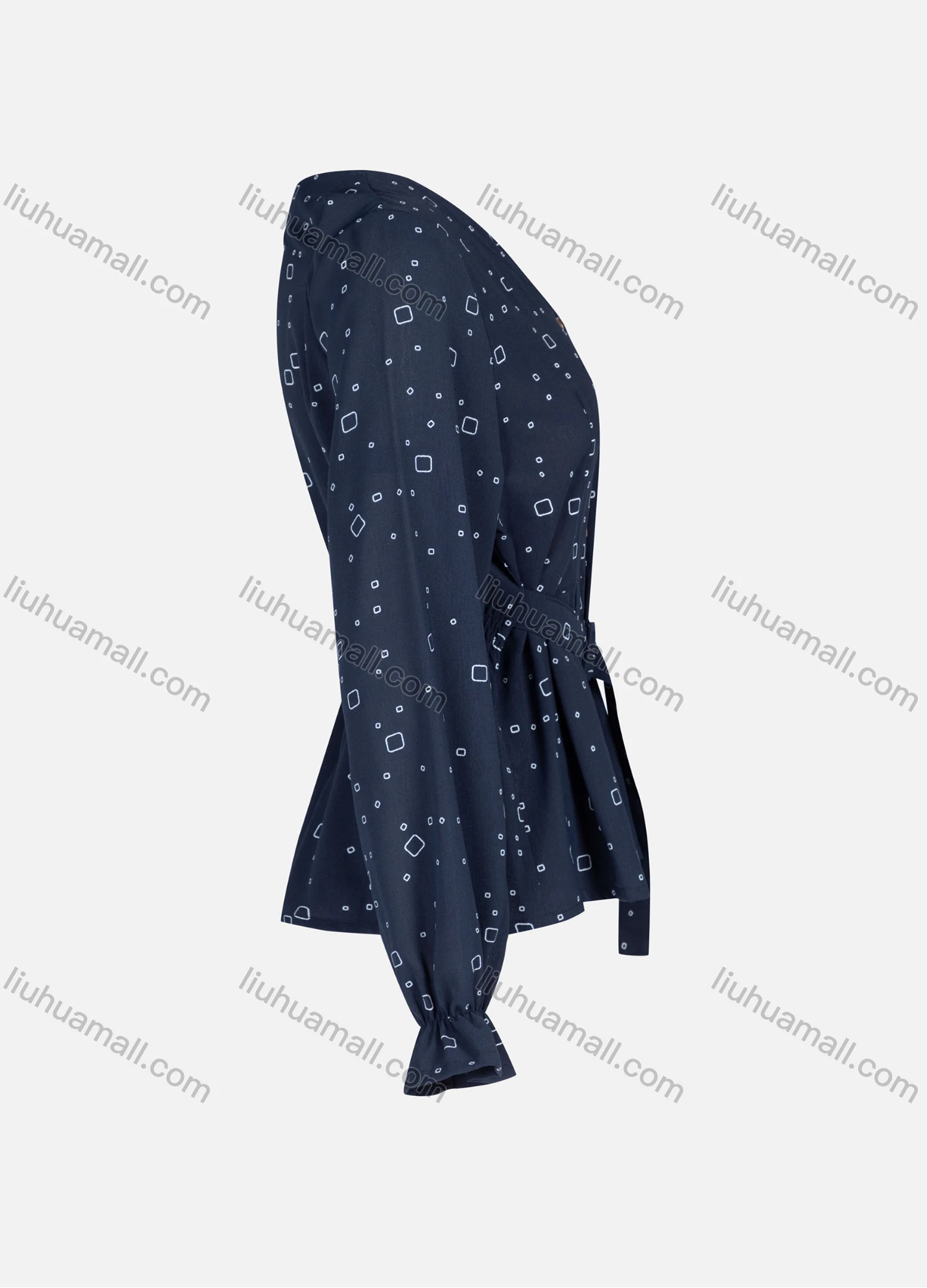 Wholesale Women's Casual Allover Print V Neck Long Sleeve Blouse With Belt 7109# - Liuhuamall