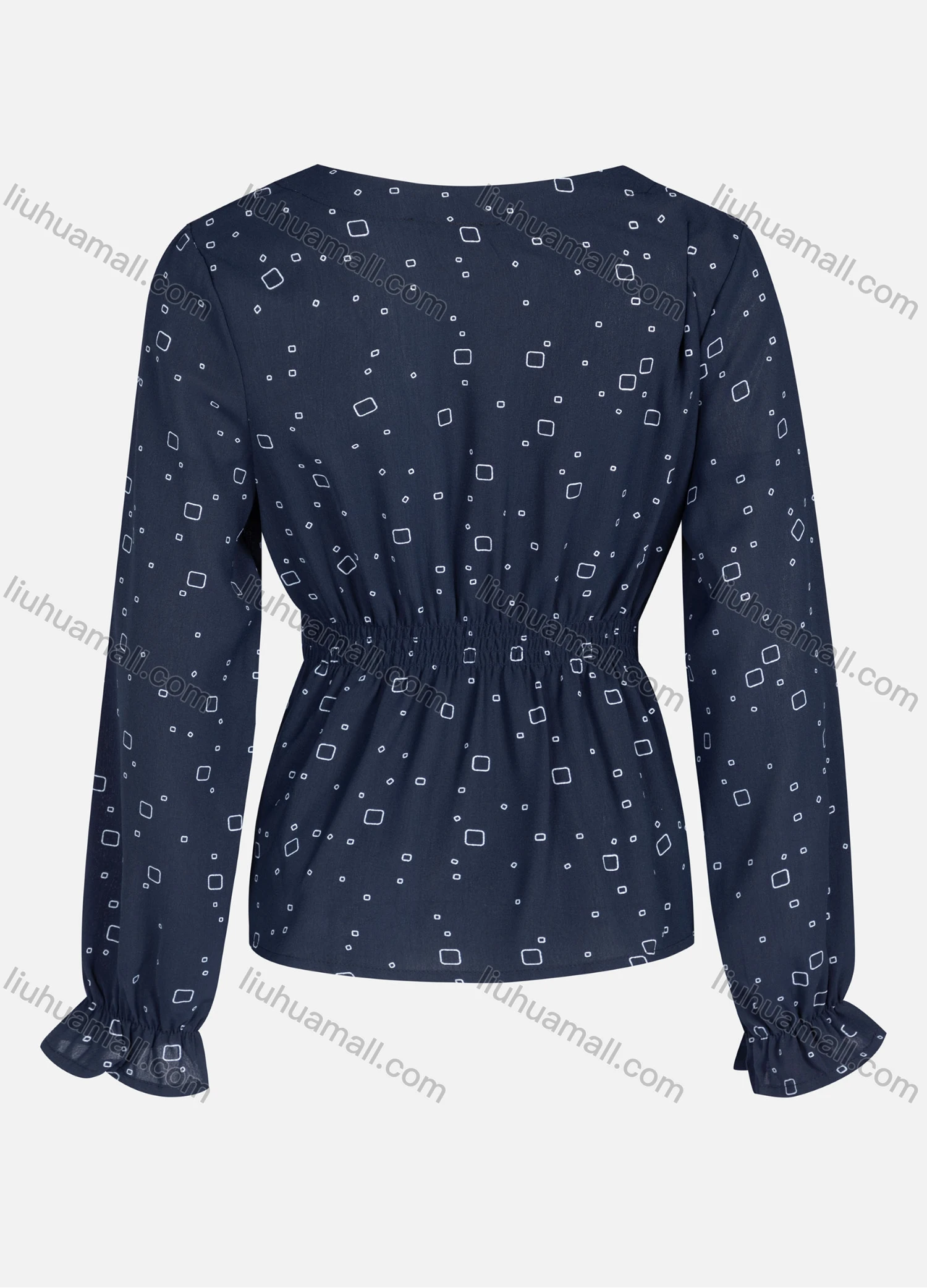 Wholesale Women's Casual Allover Print V Neck Long Sleeve Blouse With Belt 7109# - Liuhuamall