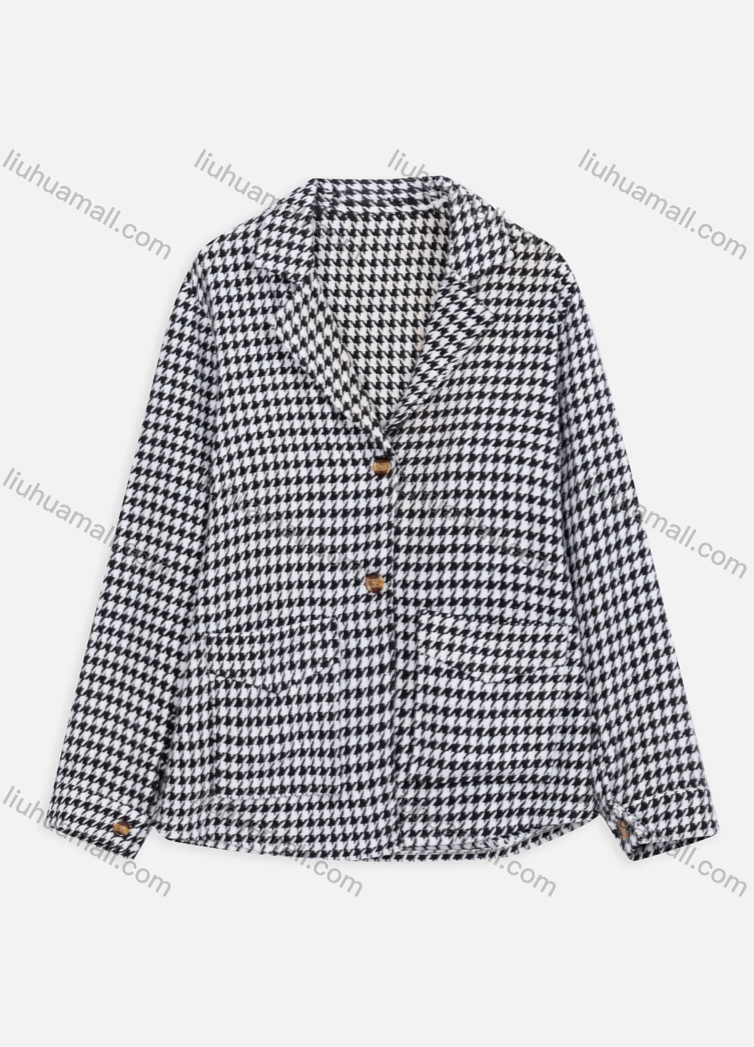 Wholesale Women's Casual Houndstooth Print Lapel Long Sleeve Buttons Down Flap Pockets Shirt Jacket 6105# - Liuhuamall