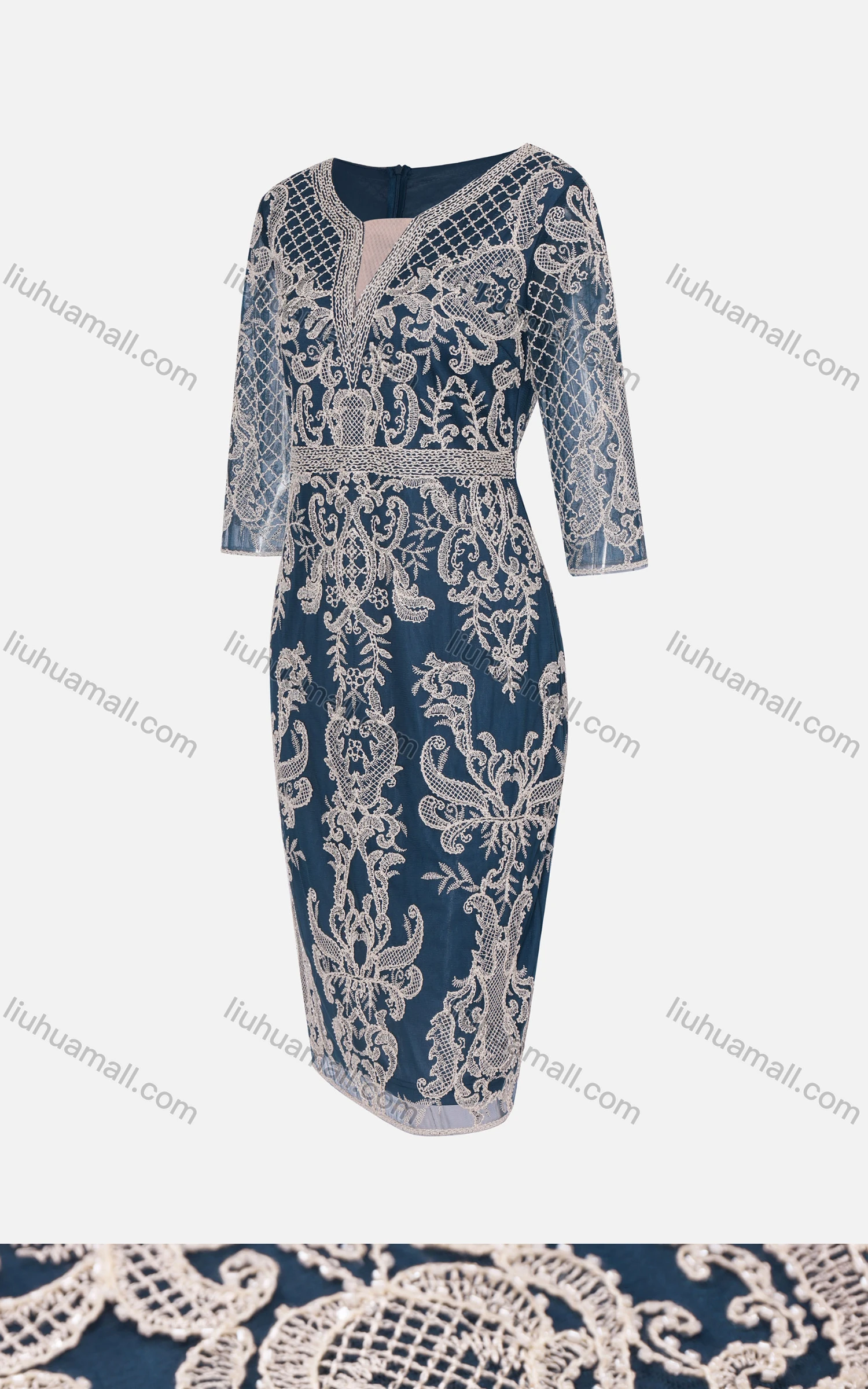 Wholesale Women's Glamorous Notched Embroidered Floral High Waist Dress V004# - Liuhuamall