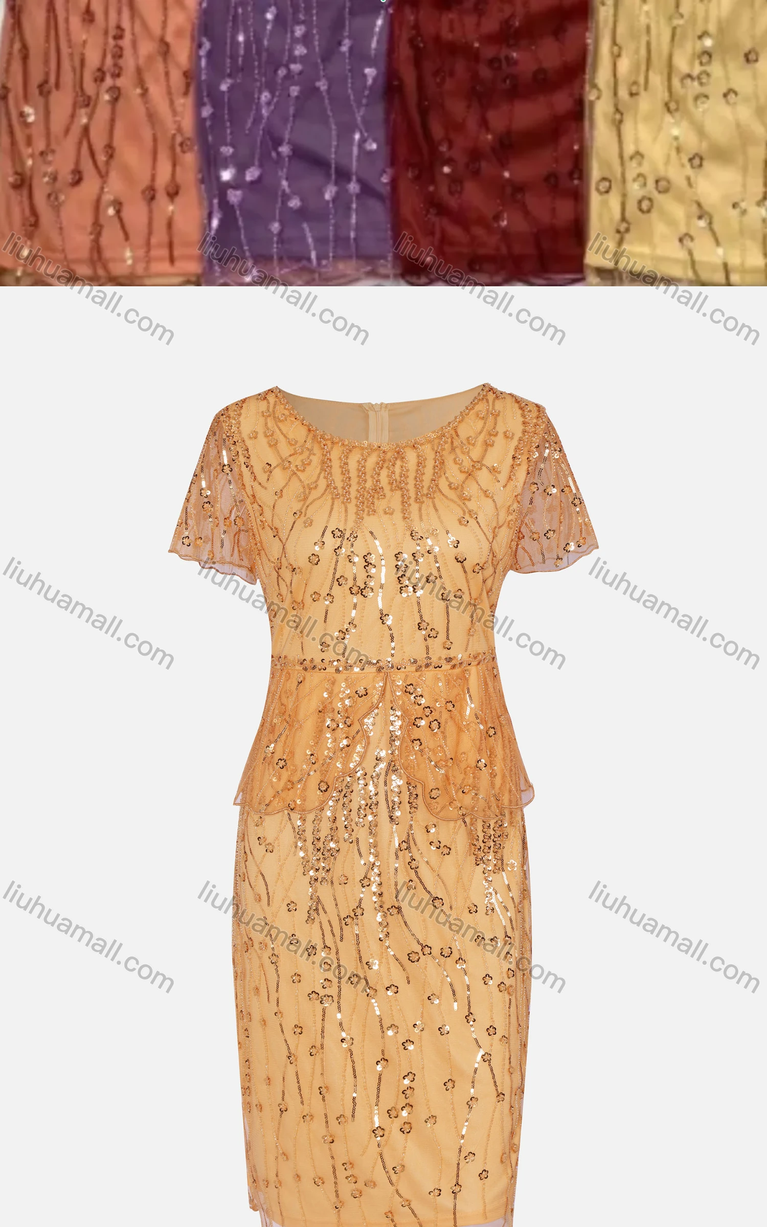 Wholesale Women's Glamorous Crew Neck Lace Trim Beaded Sequin High Waist Dress ZS1253# - Liuhuamall