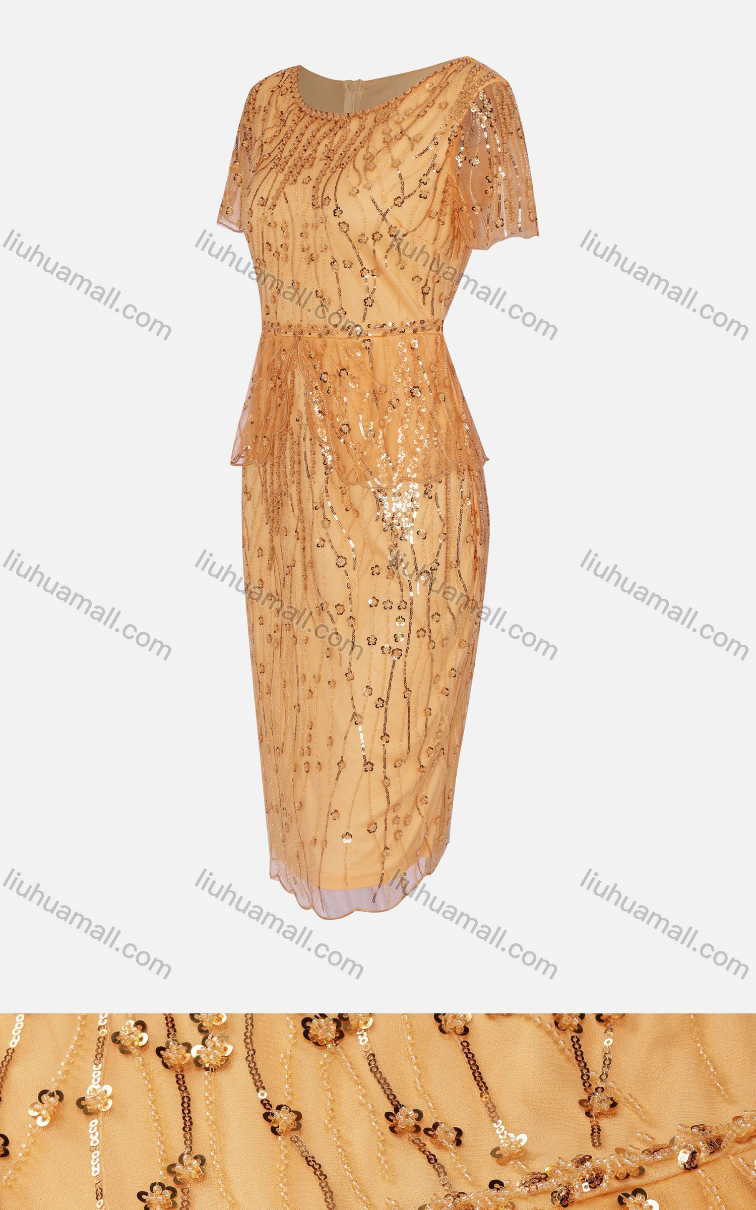 Wholesale Women's Glamorous Crew Neck Lace Trim Beaded Sequin High Waist Dress ZS1253# - Liuhuamall